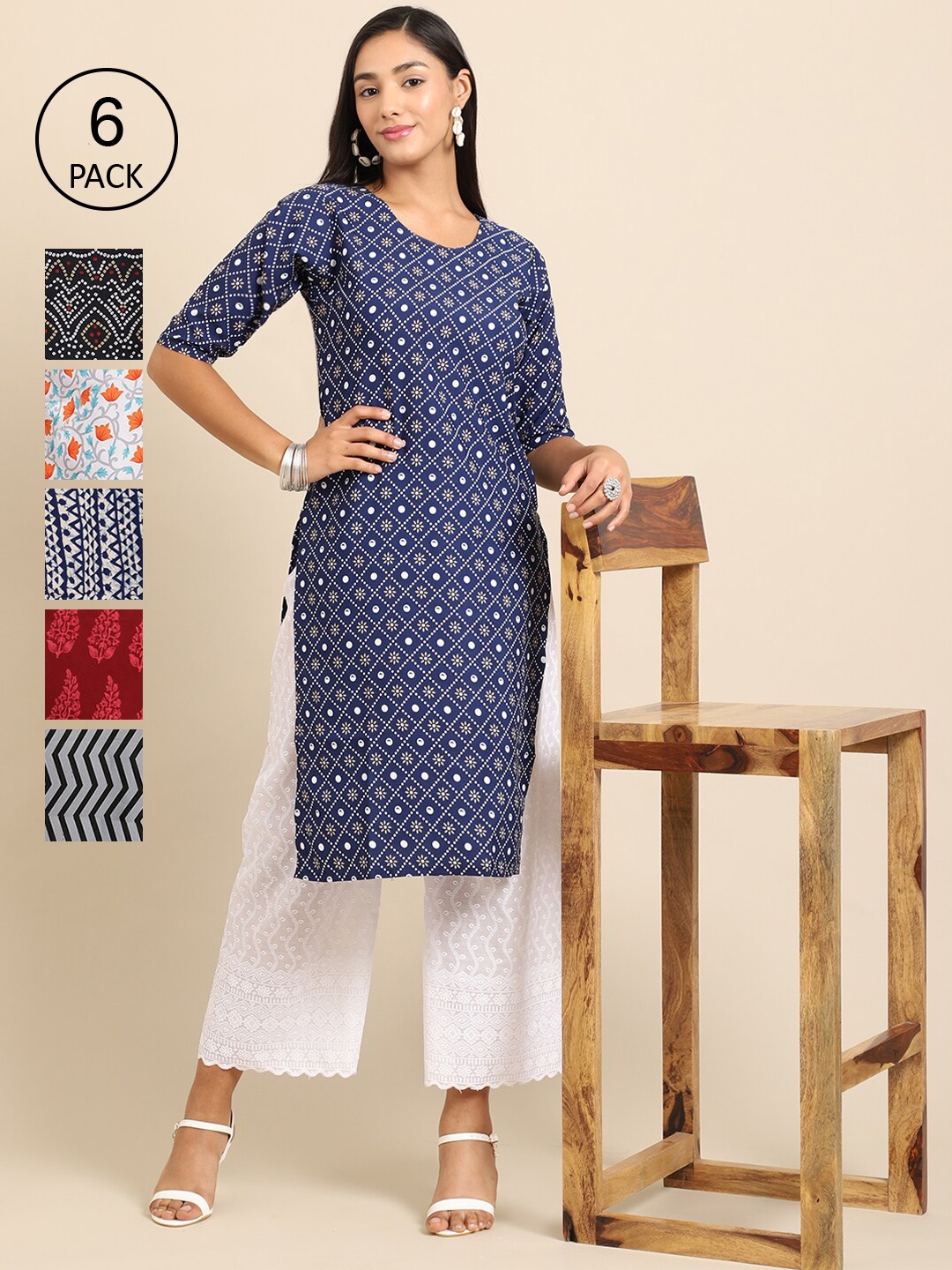 Ethnic basket Women Pack Of 6 Geometric Printed Block Print Crepe Kurta, Blue