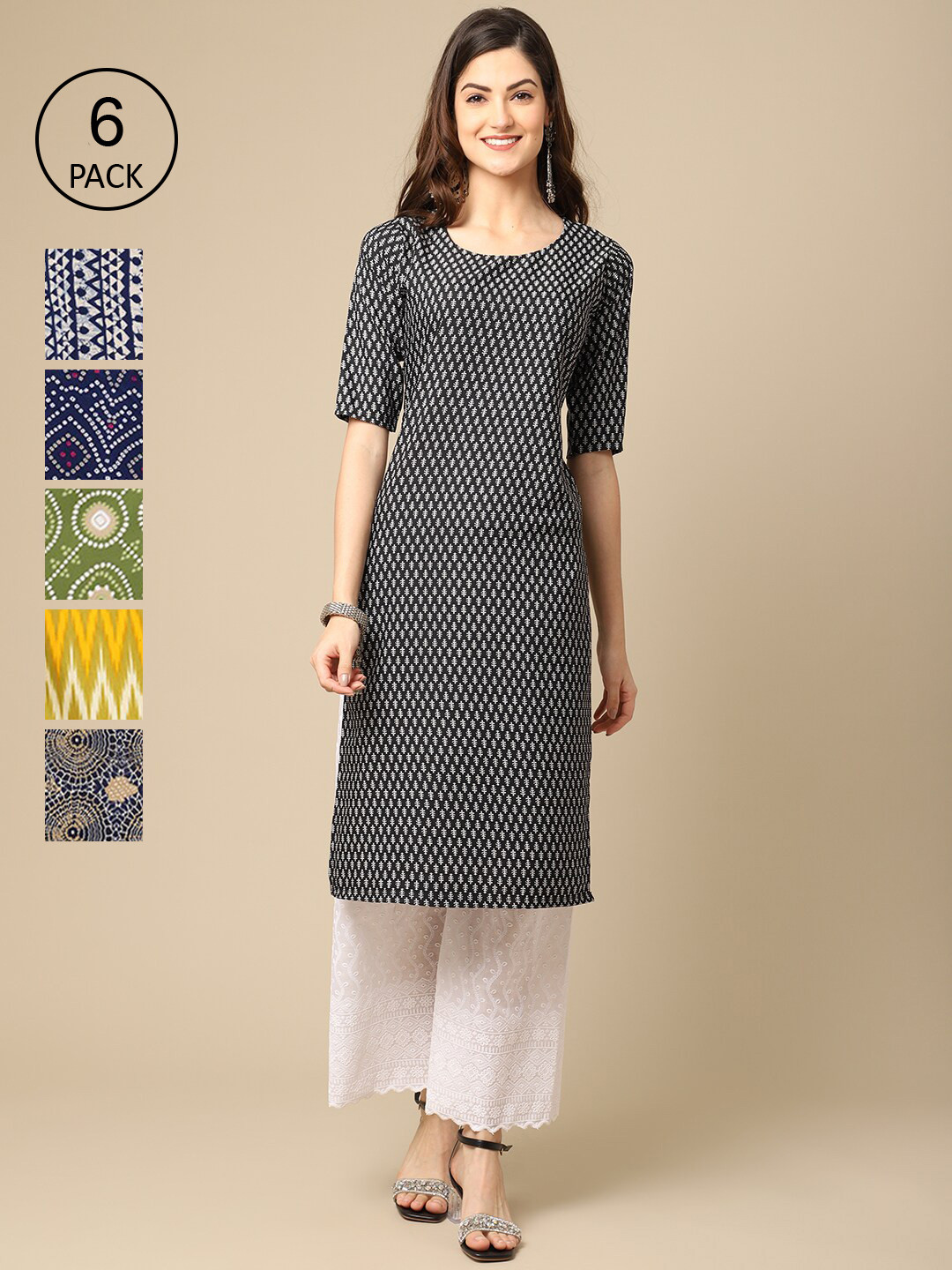 

Ethnic basket Women Black & Blue Pack of 6 Geometric Printed Crepe Kurtas