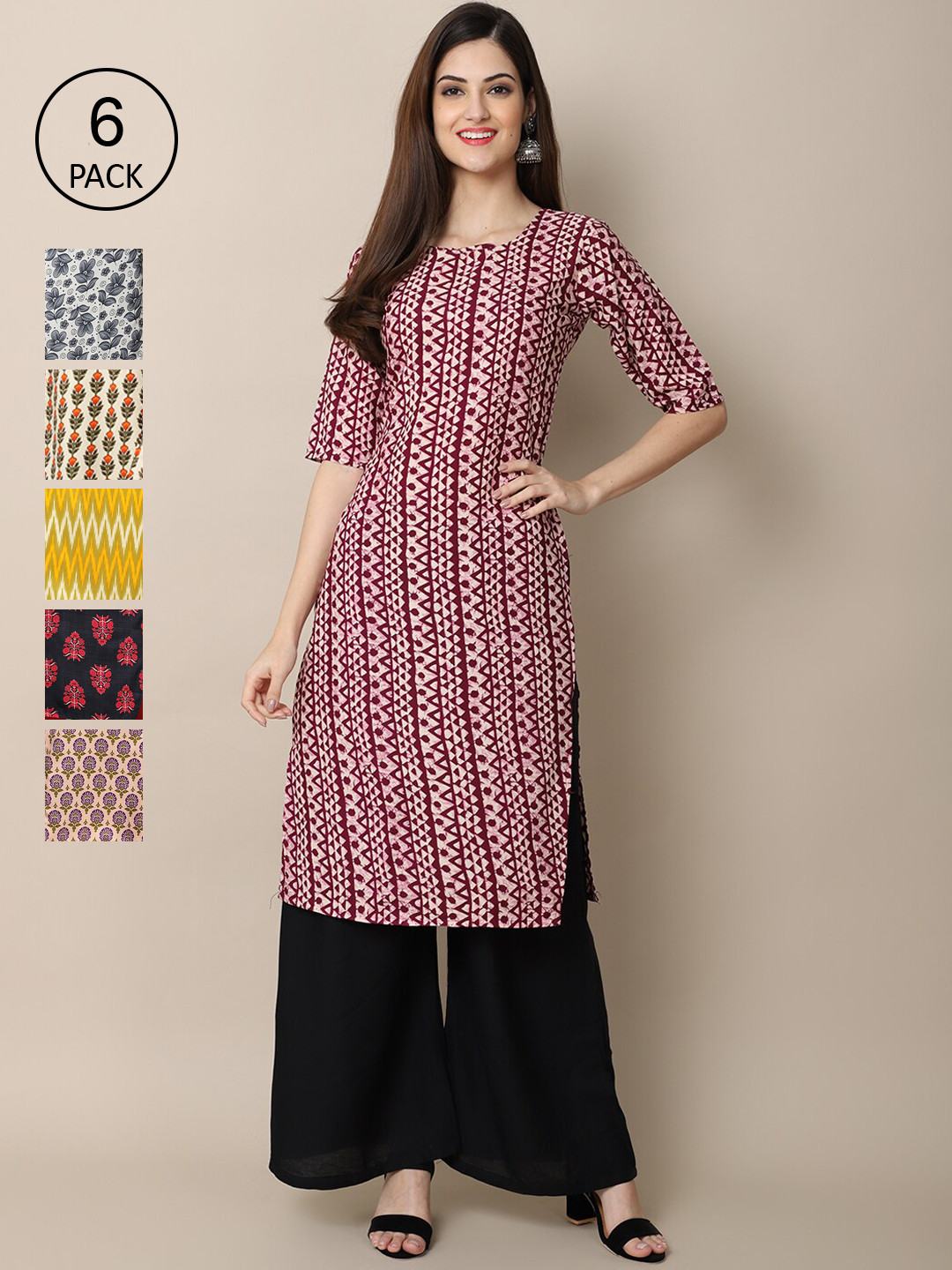 

Ethnic basket Women Maroon & Grey Pack Of 6 Geometric Printed Block Print Crepe Kurtas