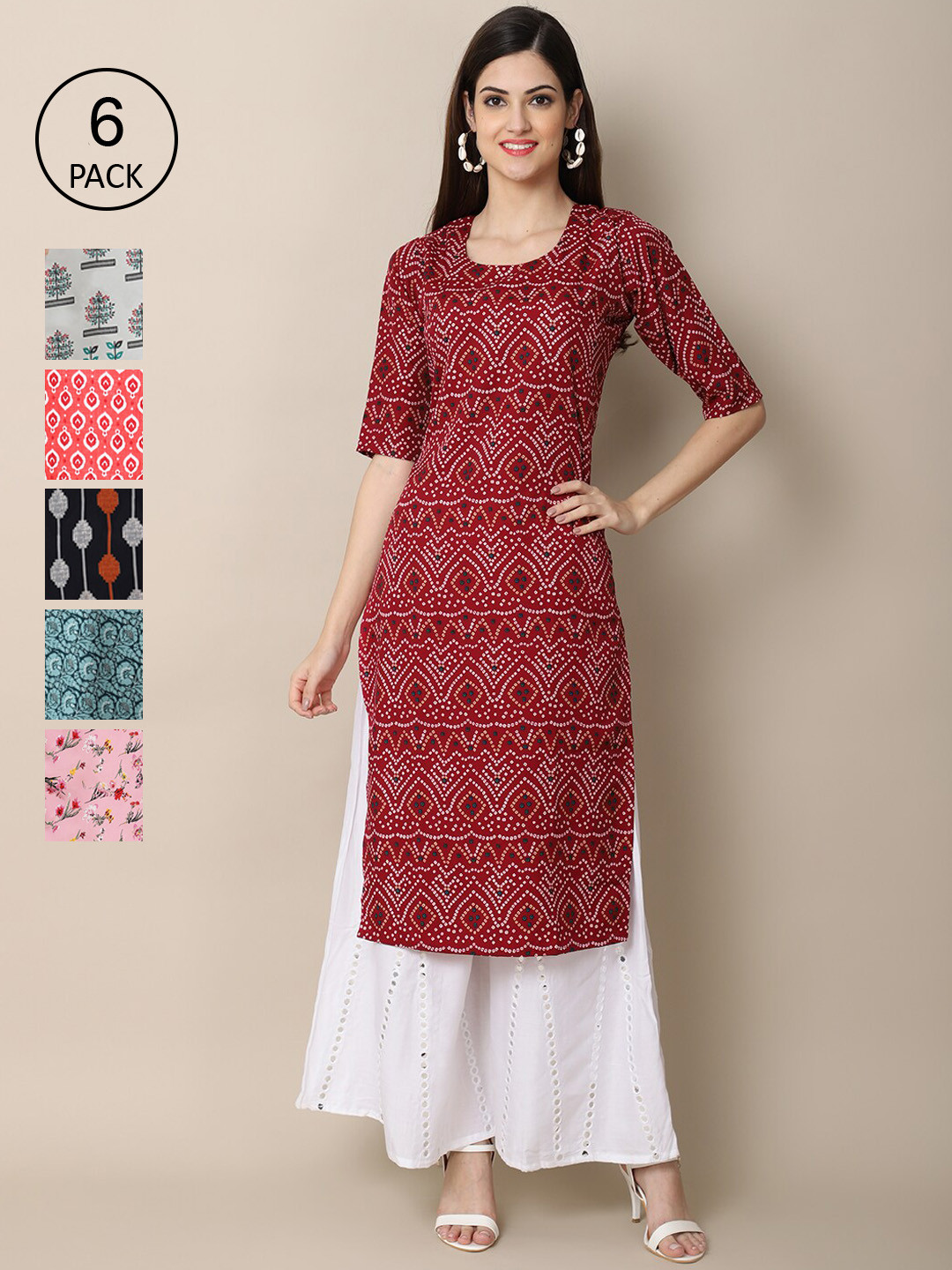 

Ethnic basket Women Maroon & Pink Pack Of 6 Ethnic Motifs Printed Crepe Kurtas