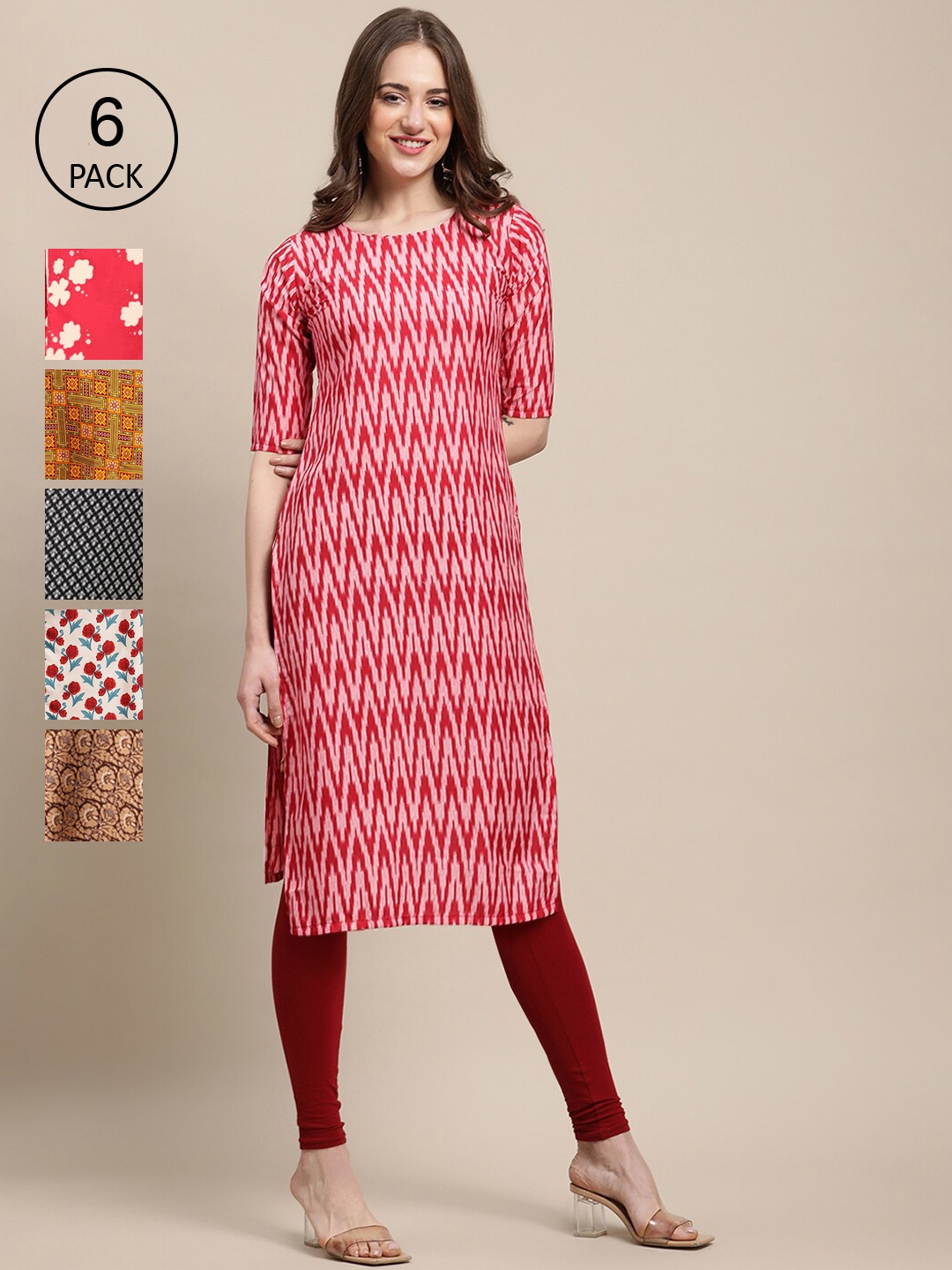 

Ethnic basket Women Red & Yellow Pack Of 6 Ethnic Motifs Printed Crepe Kurtas