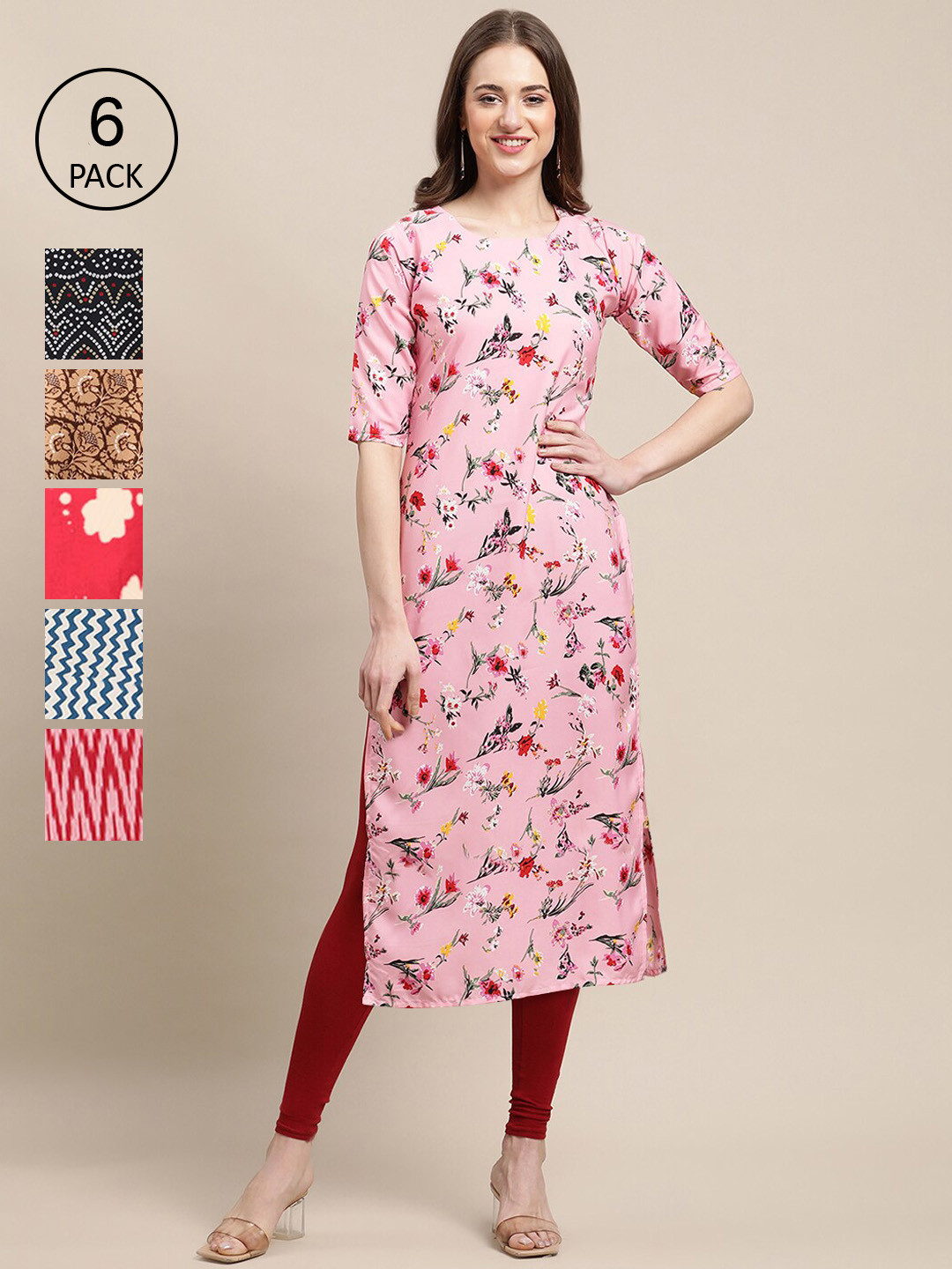 

Ethnic basket Pack of 6 Women Printed Straight Crepe Kurta, Multi