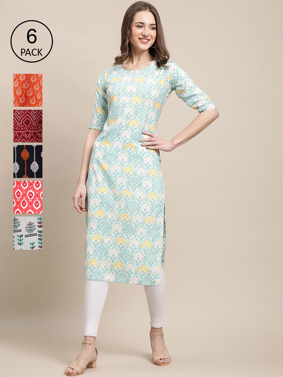 

Ethnic basket Pack of 6 Women Printed Straight Crepe Kurta, Multi