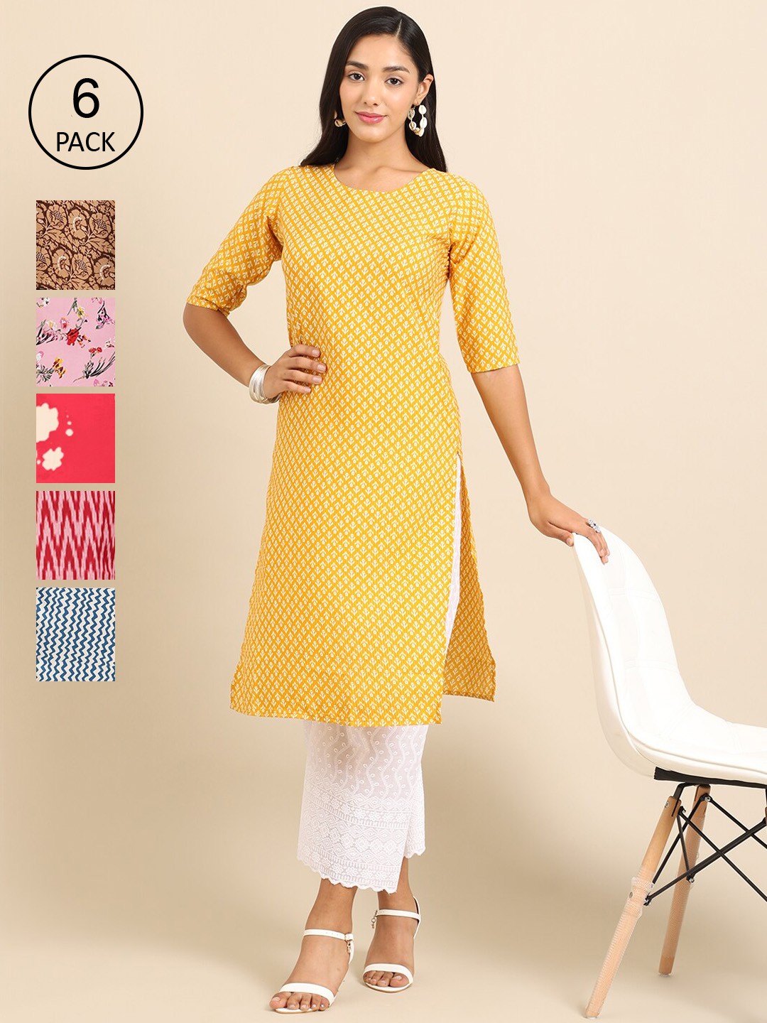 

Ethnic basket Pack of 6 Women Printed Straight Crepe Kurta, Multi