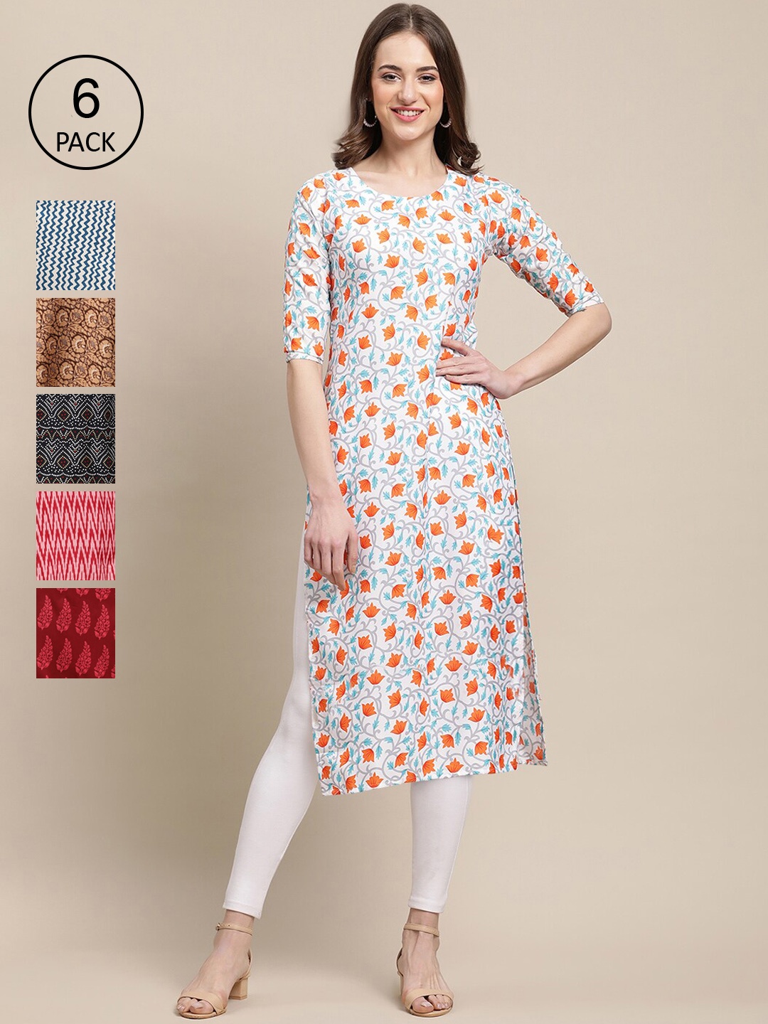 

Ethnic basket Pack of 6 Women Ethnic Motifs Printed Keyhole Neck Block Print Crepe Kurta, Blue