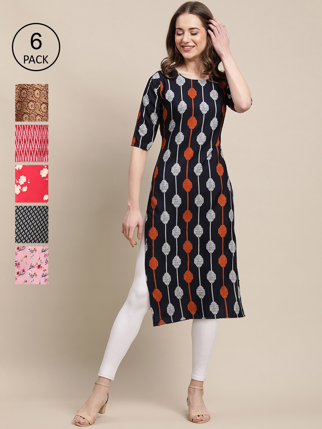 Ethnic basket Women Pack of 6 Black & Beige Printed Crepe Kurta