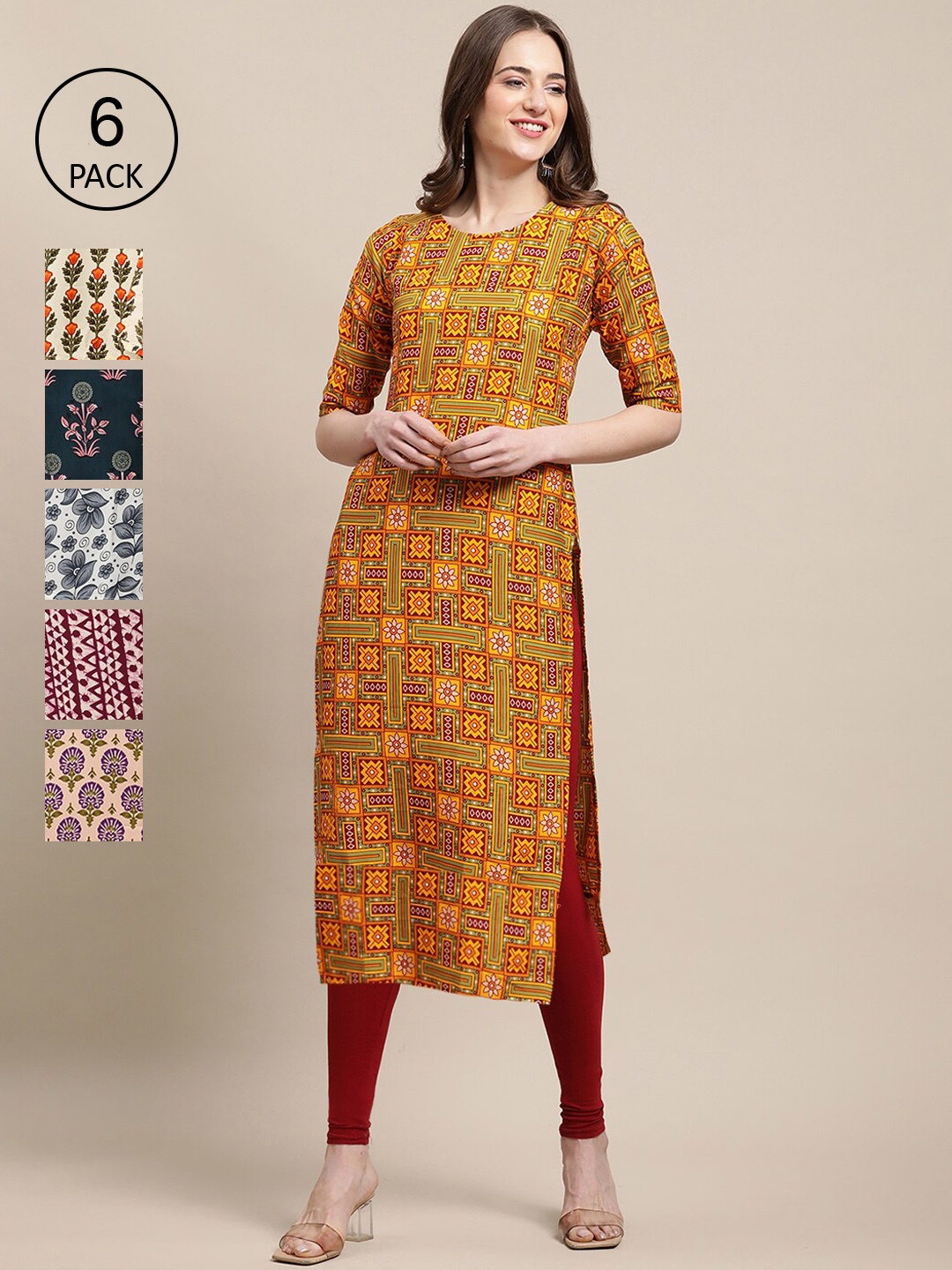 

Ethnic basket Women Pack of 6 Mustard Yellow & Beige Printed Crepe Kurta