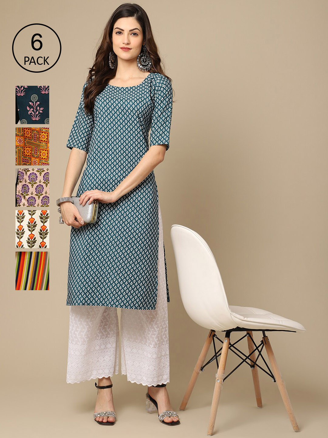 

Ethnic basket Women Pack of 6 Blue & Black Printed Crepe Kurta