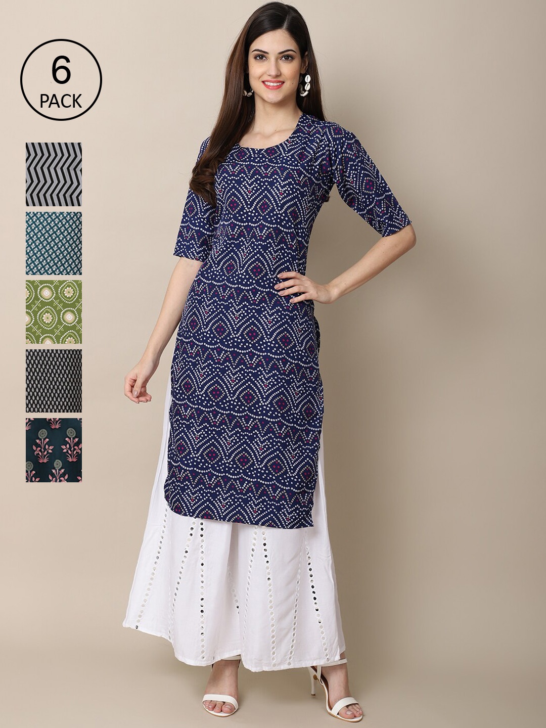 

Ethnic basket Women Pack Of 6 Blue & Black Printed Crepe Kurta