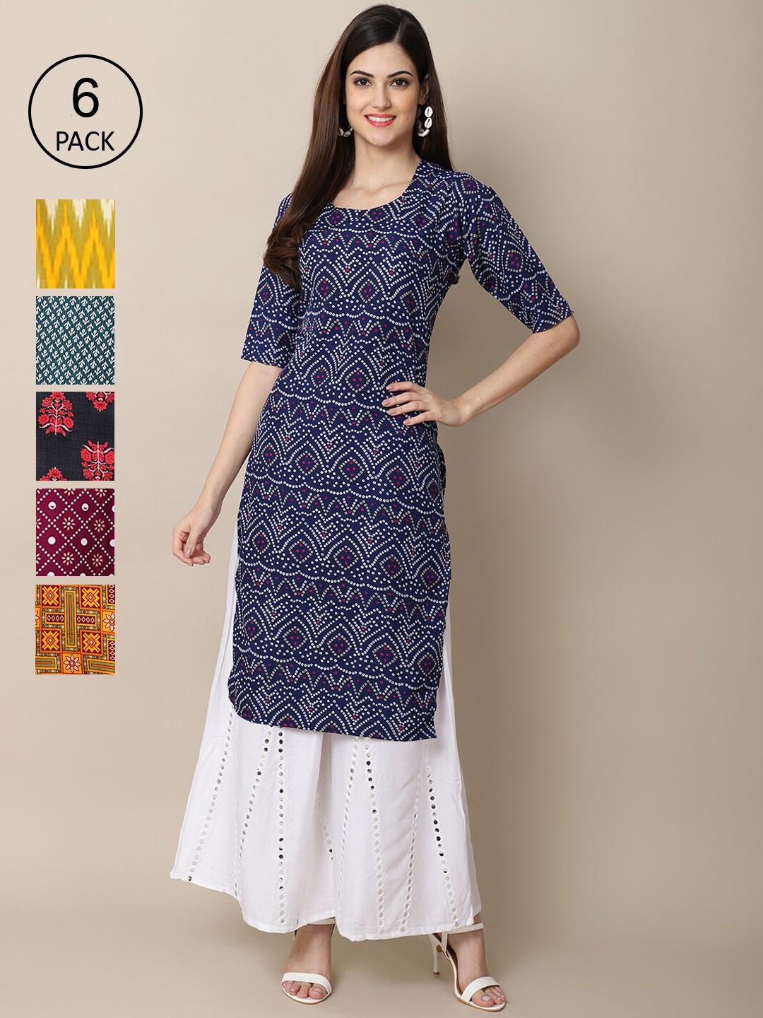 

Ethnic basket Women Pack Of 6 Printed Crepe Kurta, Multi
