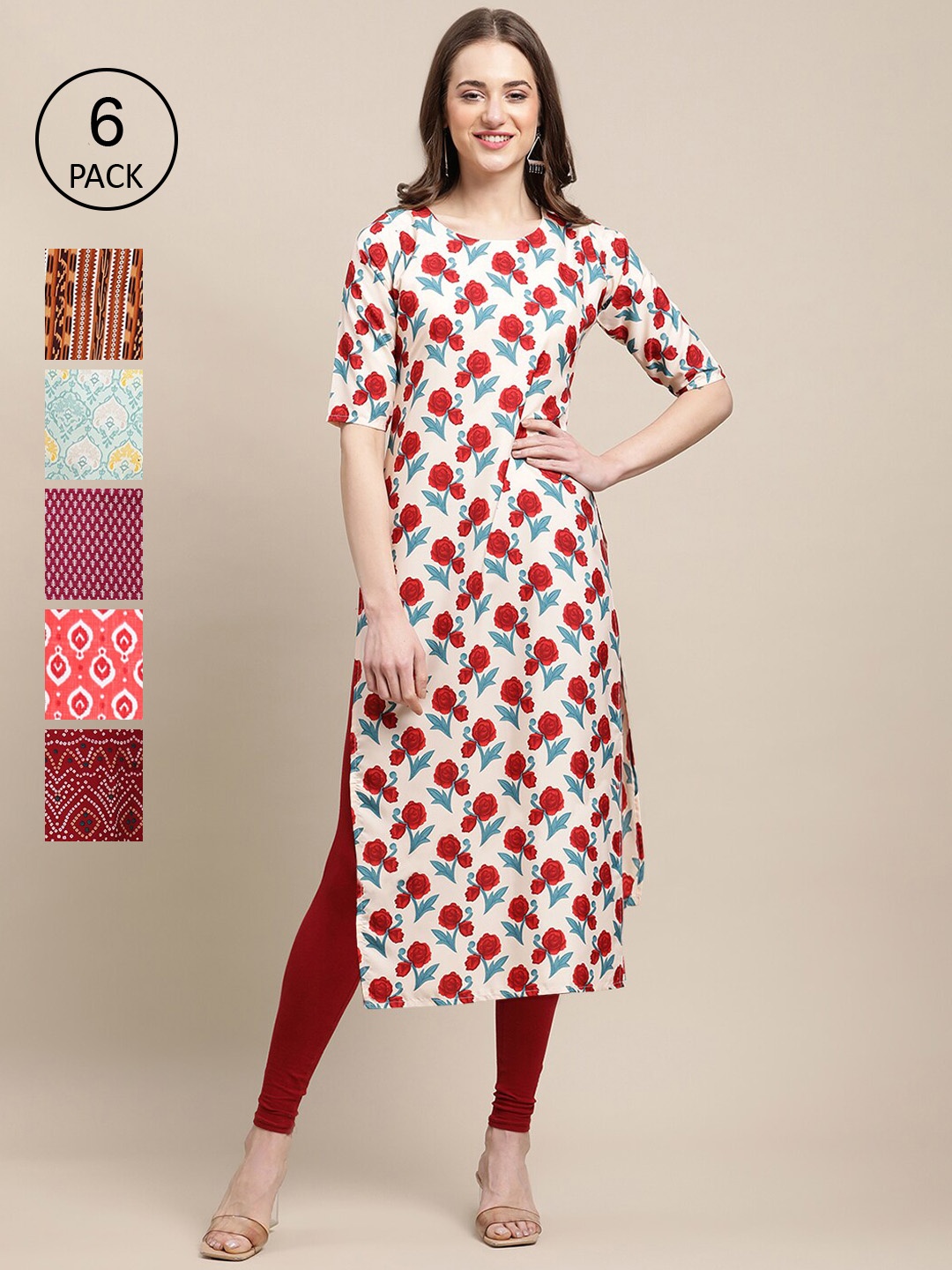 

Ethnic basket Women Pack Of 6 Printed Crepe Kurta, Multi