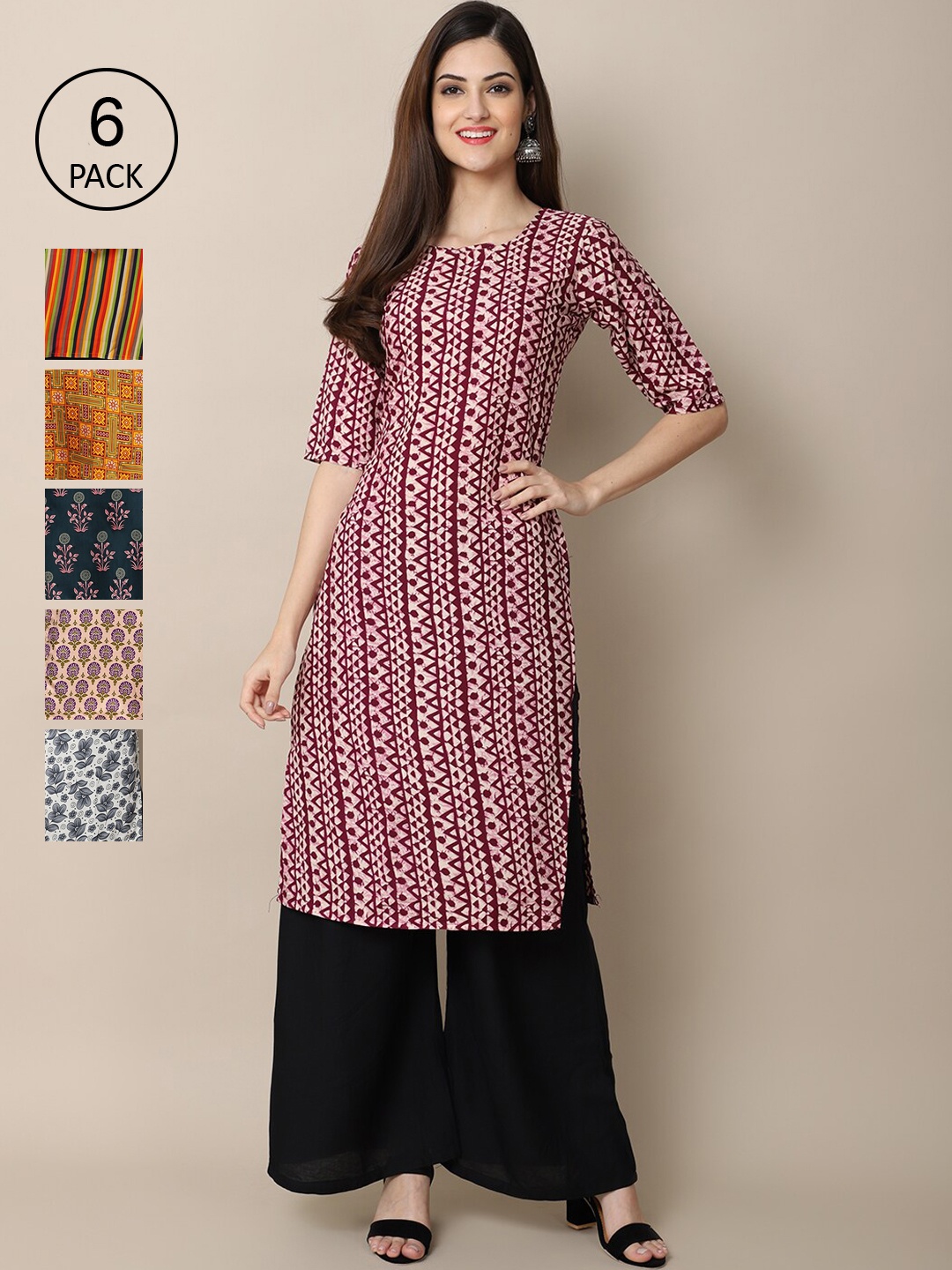 

Ethnic basket Women Pack Of 6 Printed Crepe Kurta, Multi