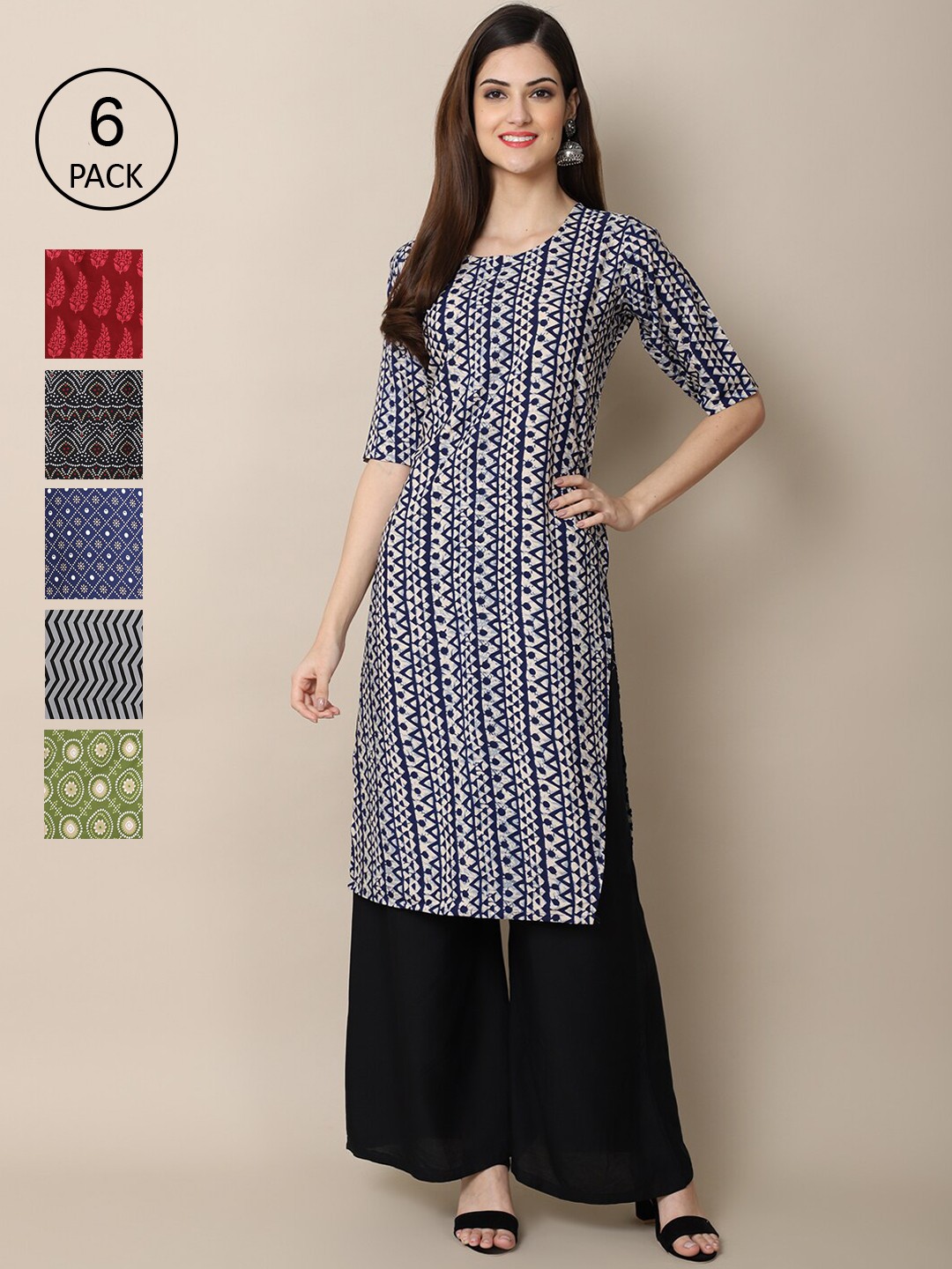 

Ethnic basket Women Pack Of 6 Printed Crepe Kurta, Multi