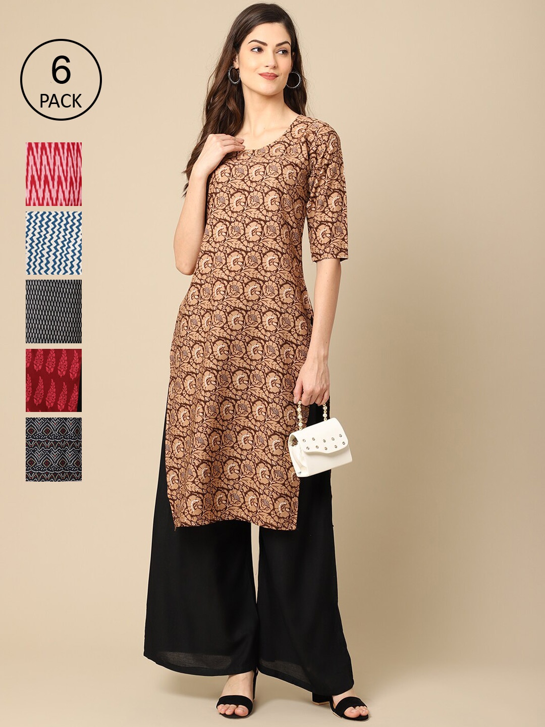 Ethnic basket Women Pack Of 6 Printed Crepe Kurta, Multi