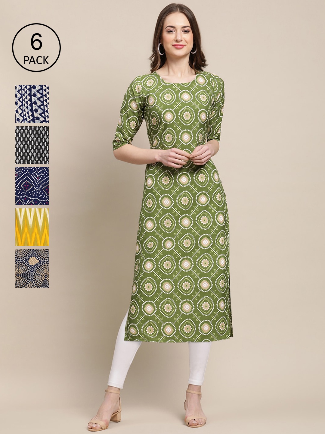 Ethnic basket Women Pack Of 6 Printed Crepe Kurta, Multi
