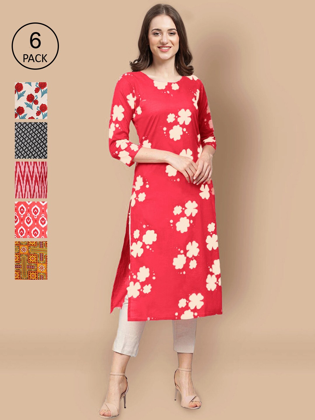 

Ethnic basket Women Pack Of 6 Geometric Printed Crepe Kurta, Red