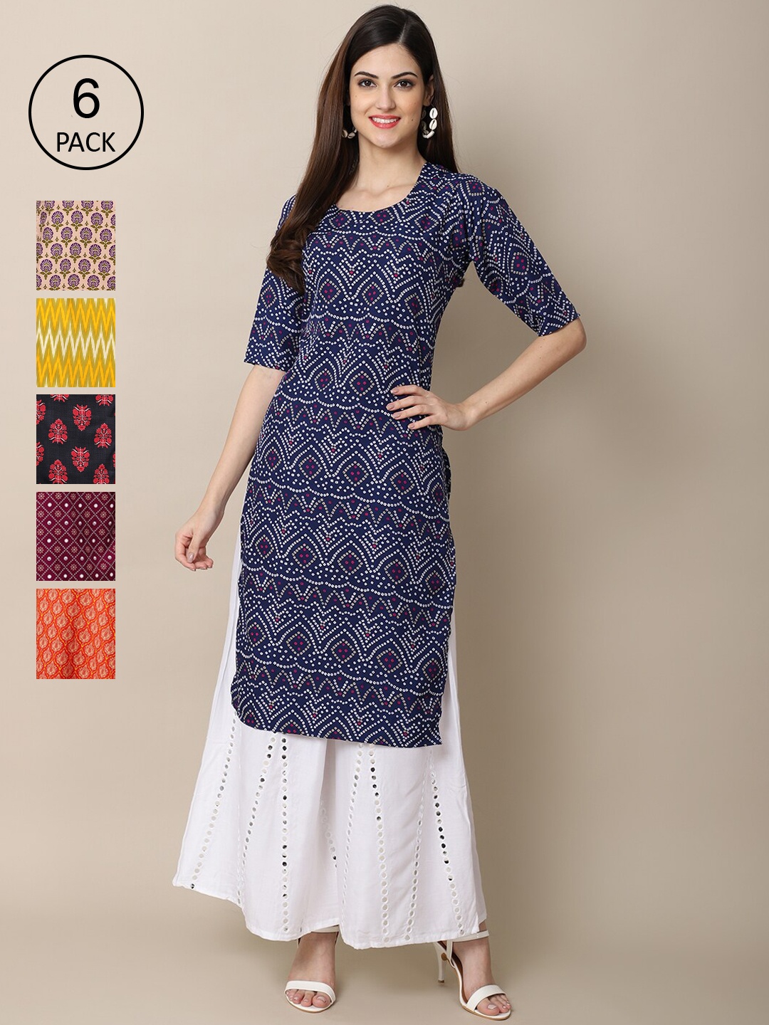 

Ethnic basket Women Pack Of 6 Geometric Block Print Crepe Kurta, Yellow