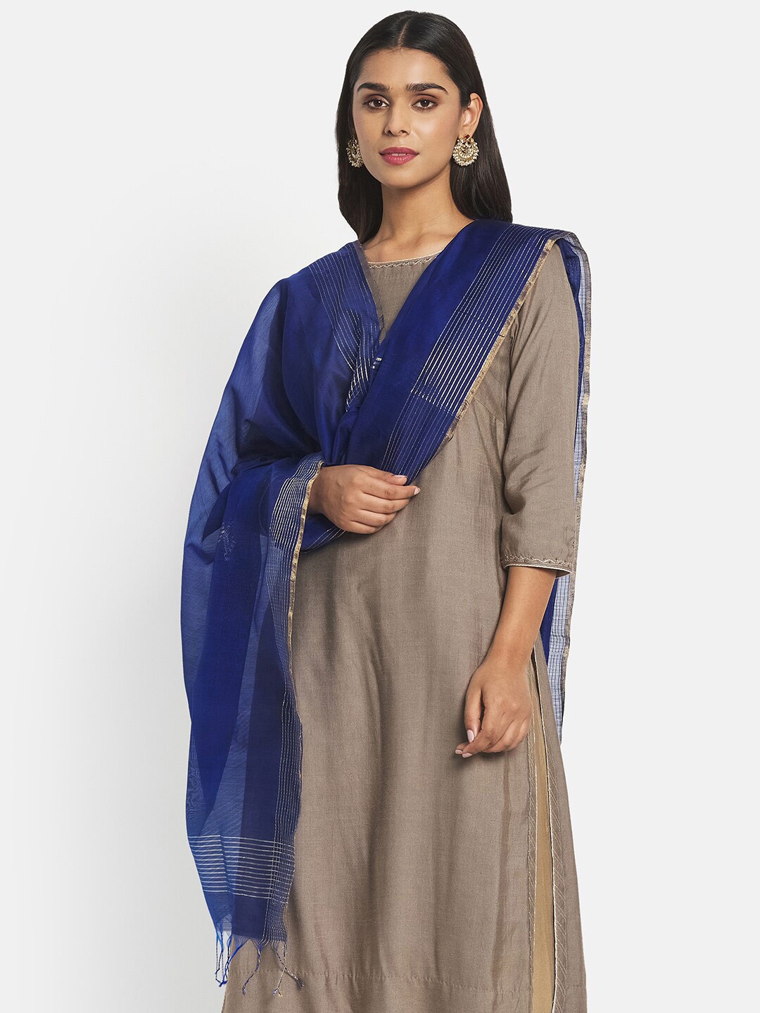 

Fabindia Blue & Silver-Toned Woven Design Cotton Silk Dupatta with Zari