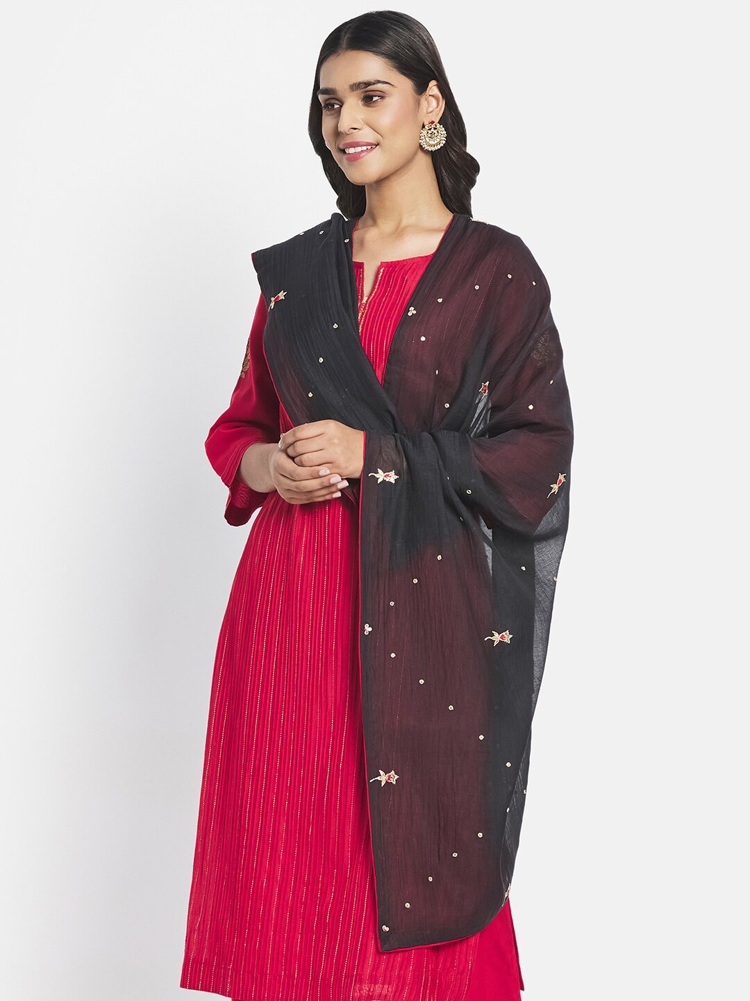 

Fabindia Black & Gold-Toned Ethnic Motifs Embroidered Cotton Silk Dupatta