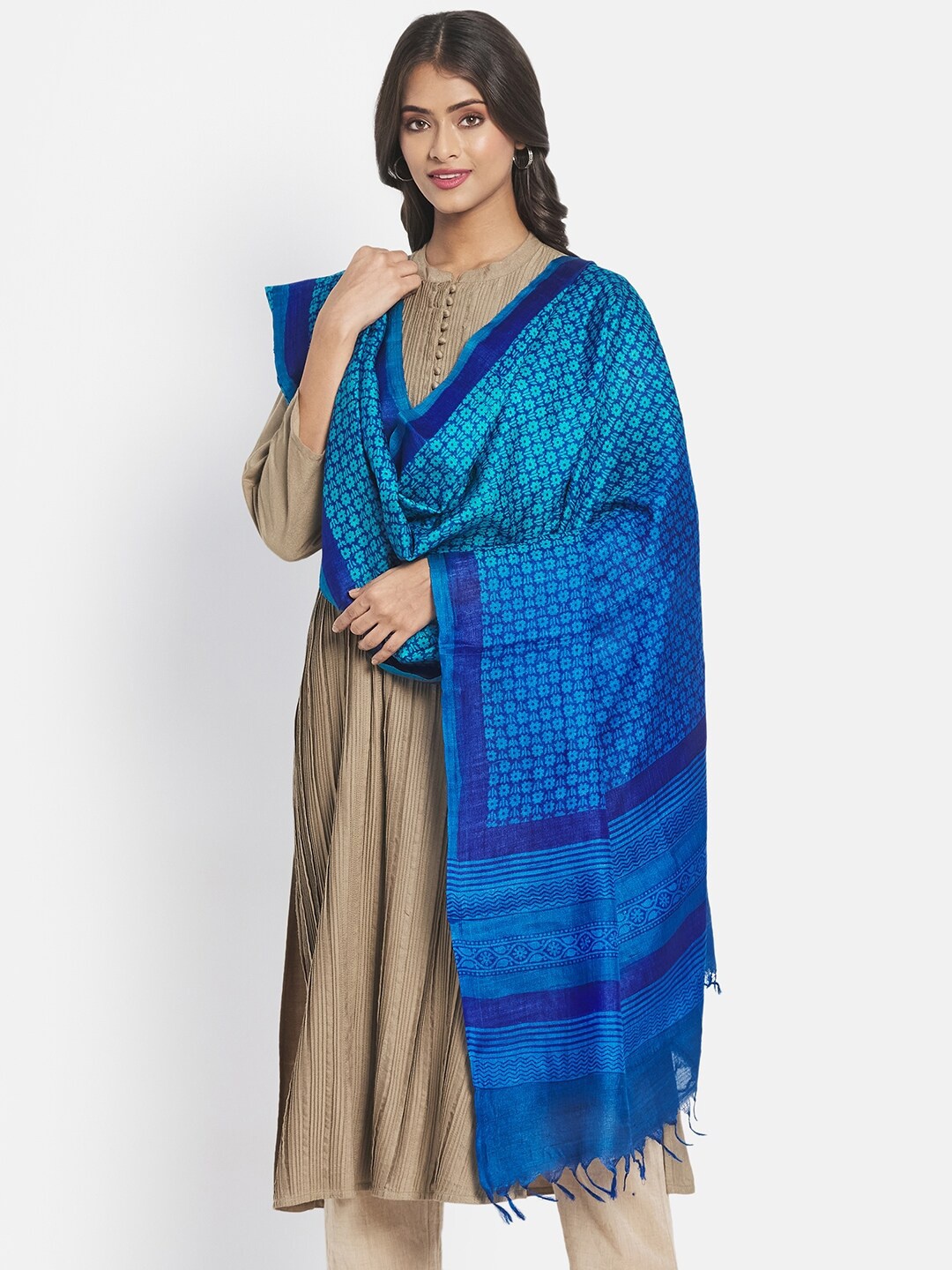 

Fabindia Blue Printed Pure Silk Dupatta