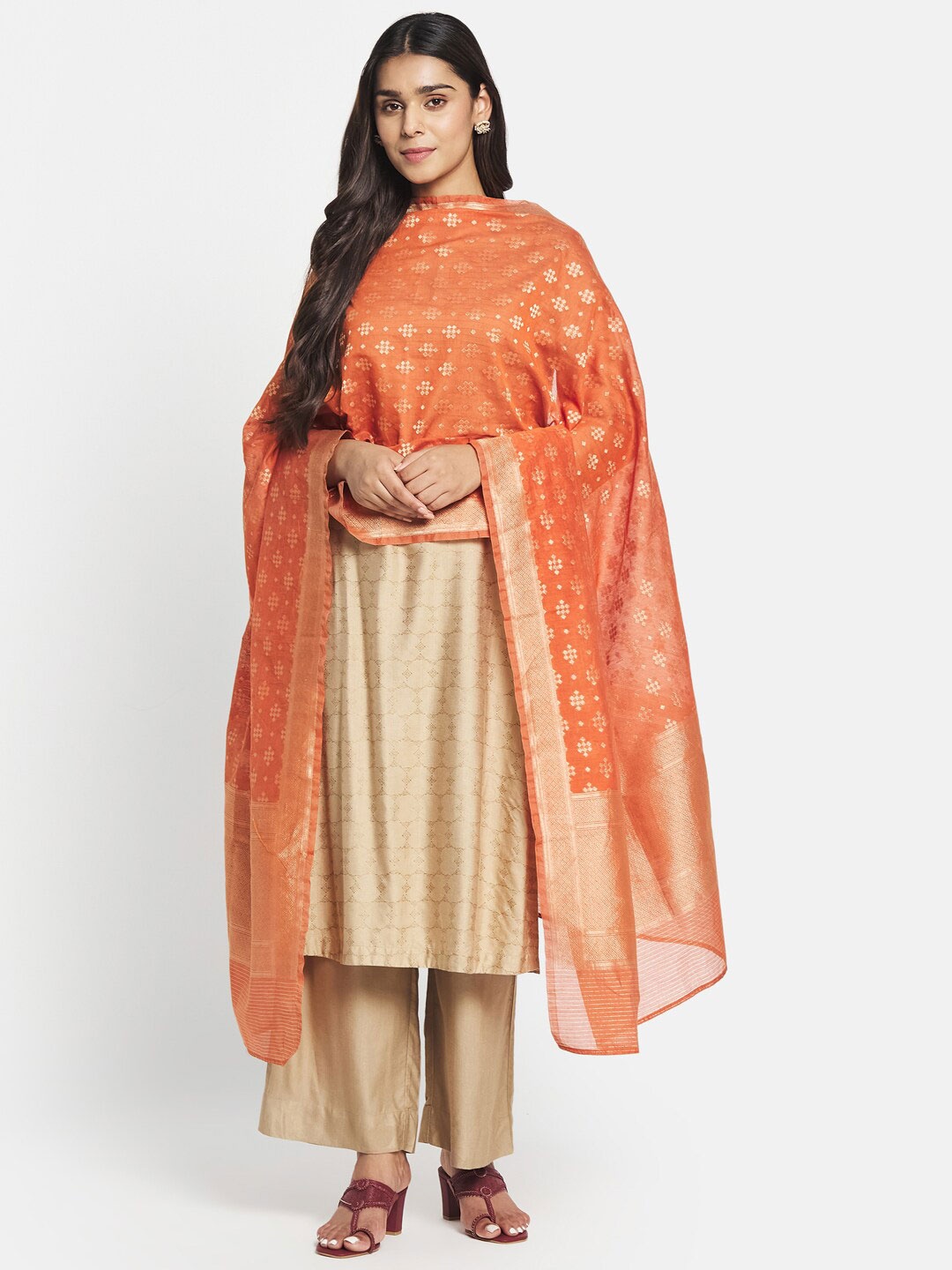 

Fabindia Rust & Gold-Toned Woven Design Cotton Silk Dupatta with Zari