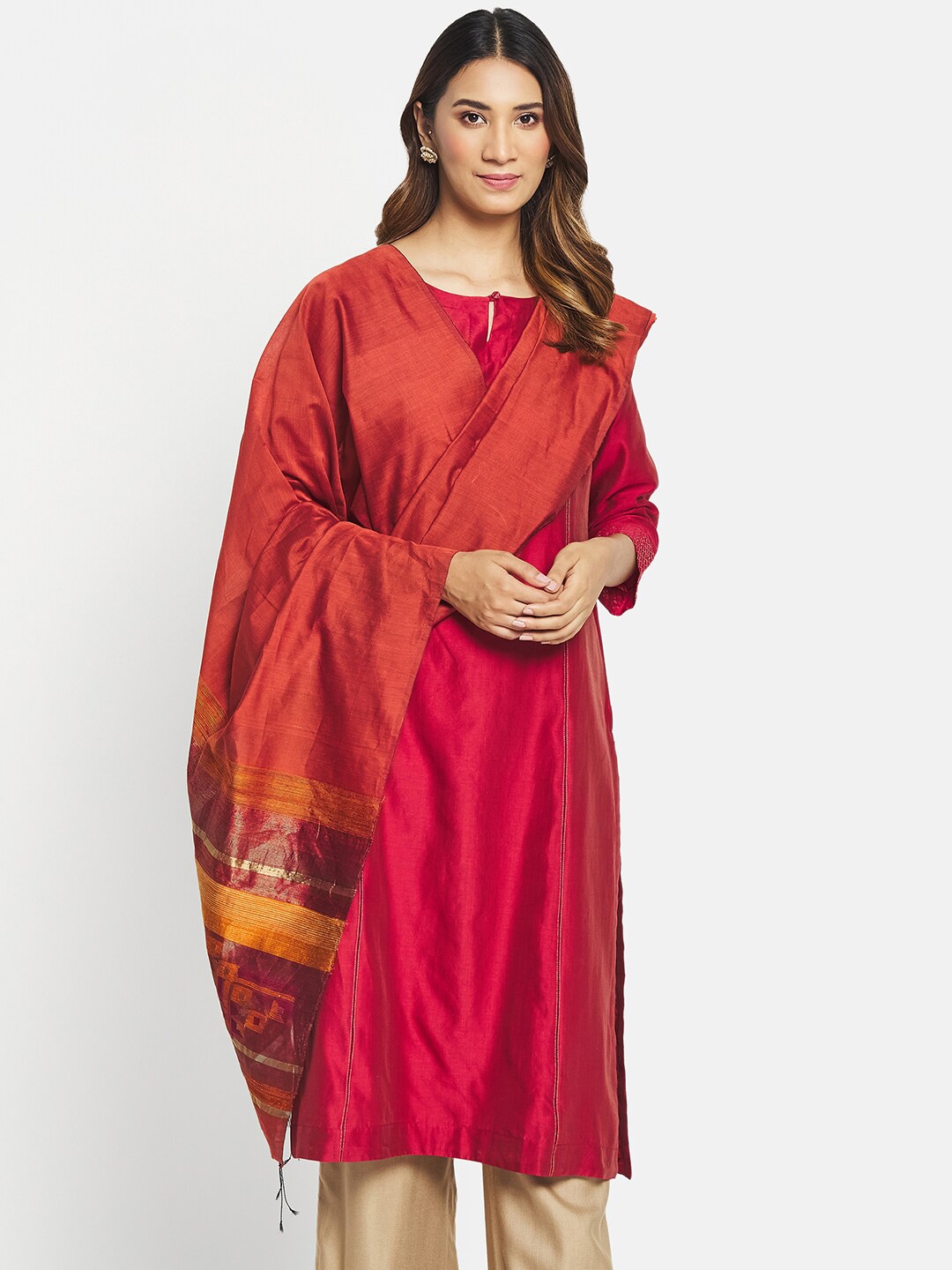 

Fabindia Maroon & Yellow Woven Design Cotton Silk Dupatta with Zari