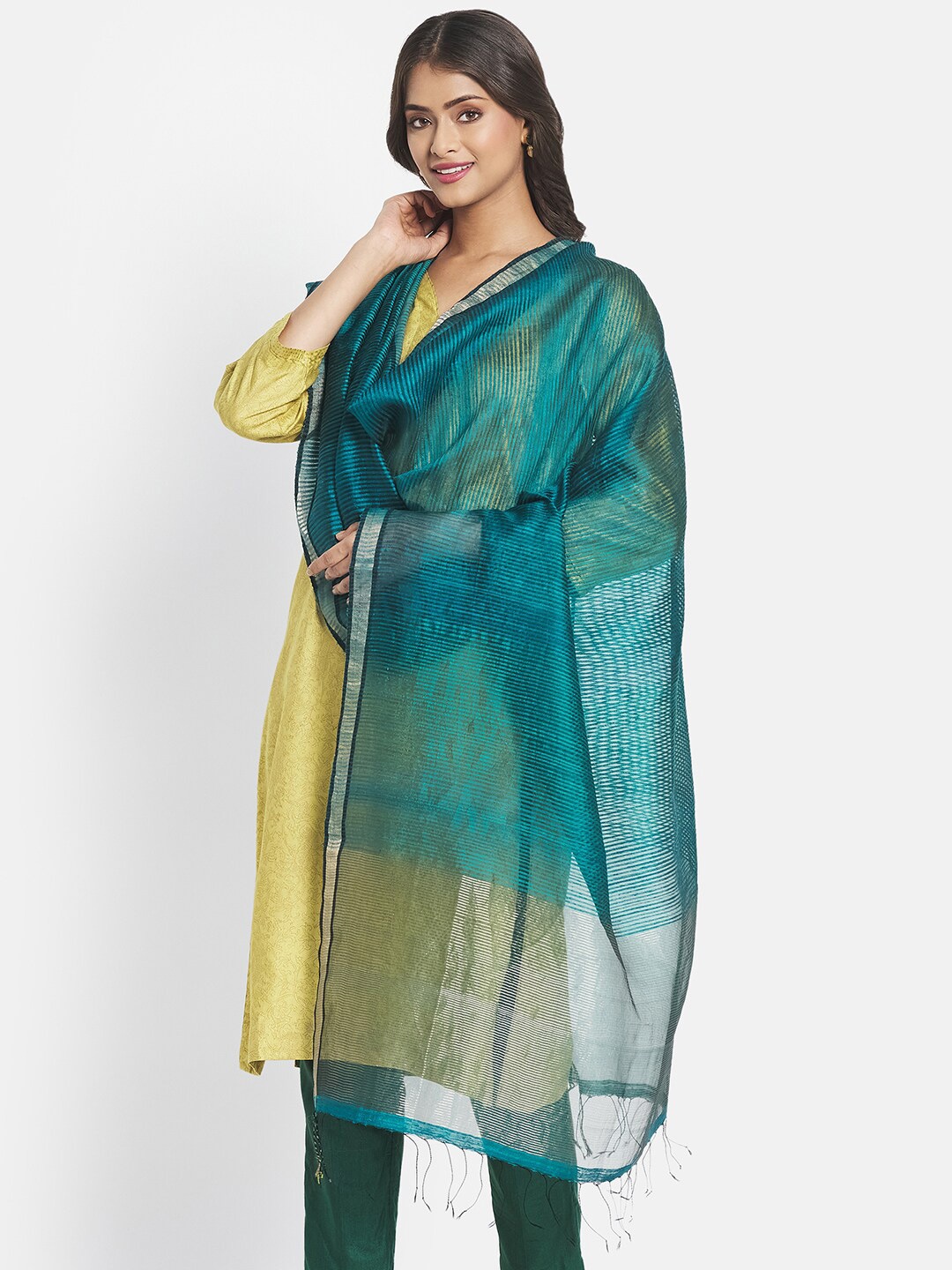 

Fabindia Women Teal Woven Design Pure Silk Dupatta