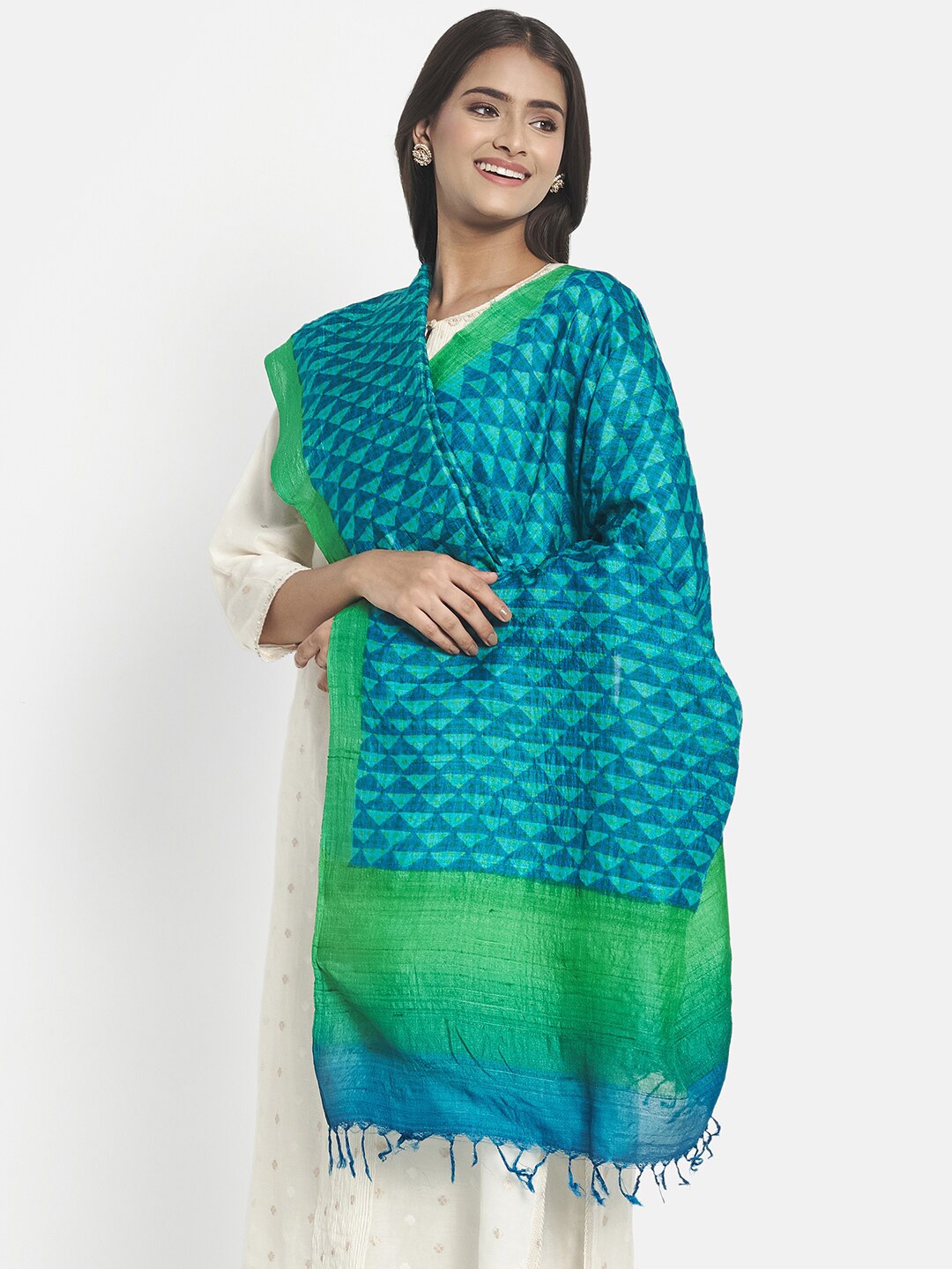 

Fabindia Women Blue & Green Printed Pure Silk Dupatta