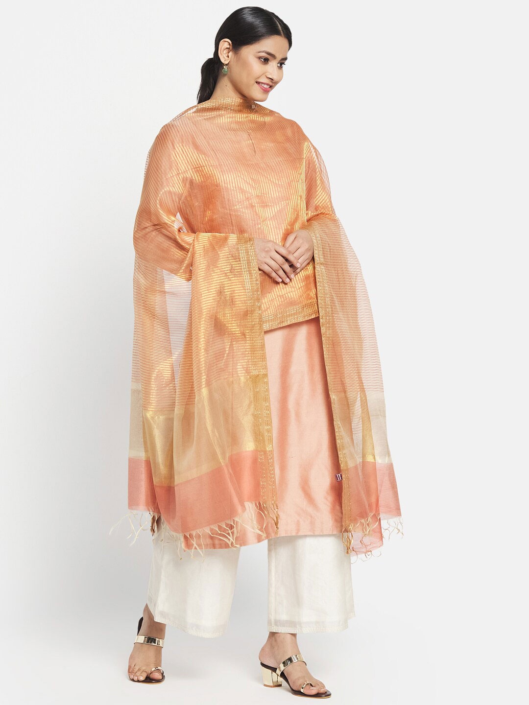 

Fabindia Peach-Coloured & Gold-Toned Striped Cotton Silk Dupatta with Zari