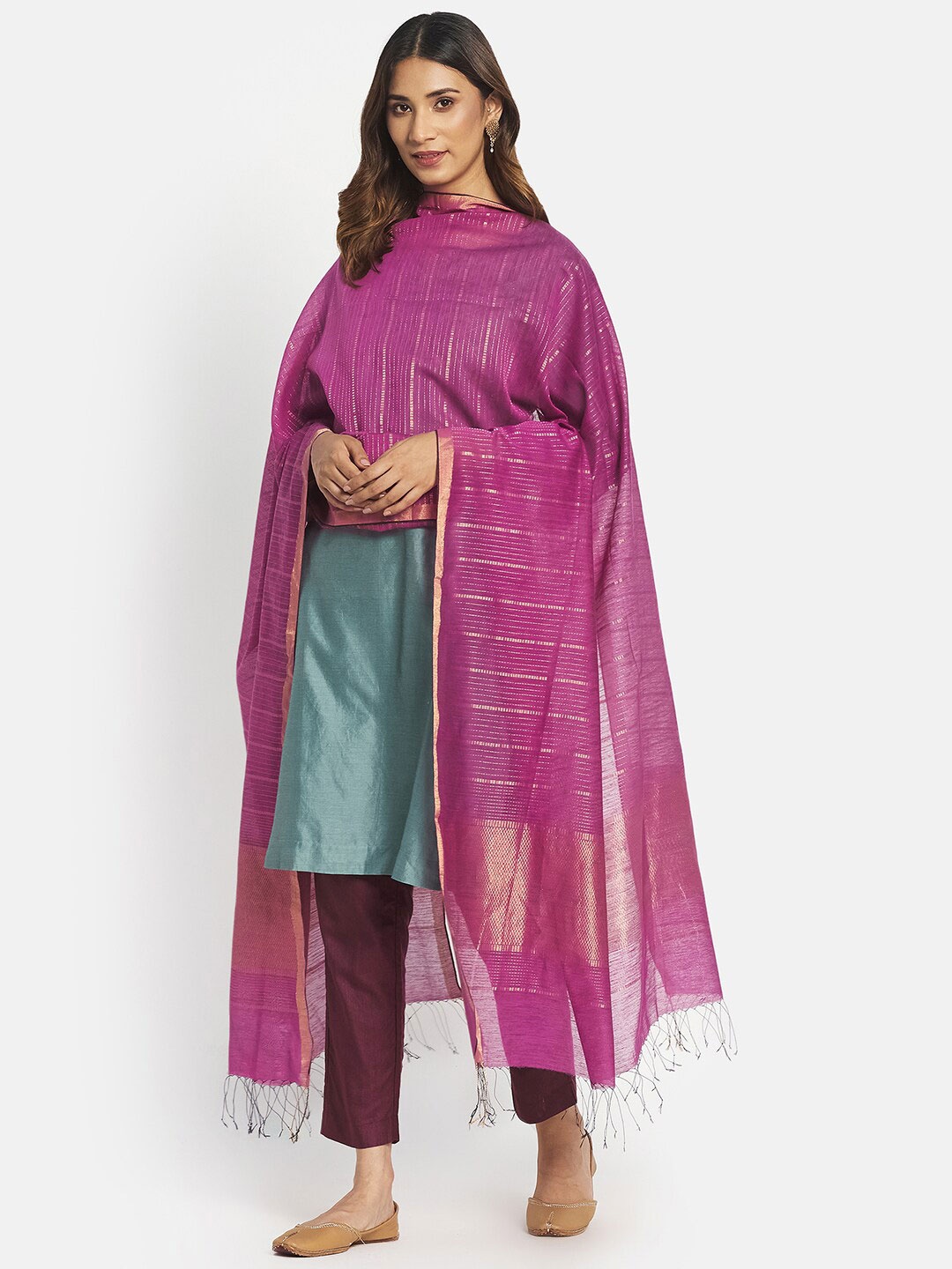 

Fabindia Women Magenta & Gold-Toned Woven Design Cotton Silk Dupatta with Zari
