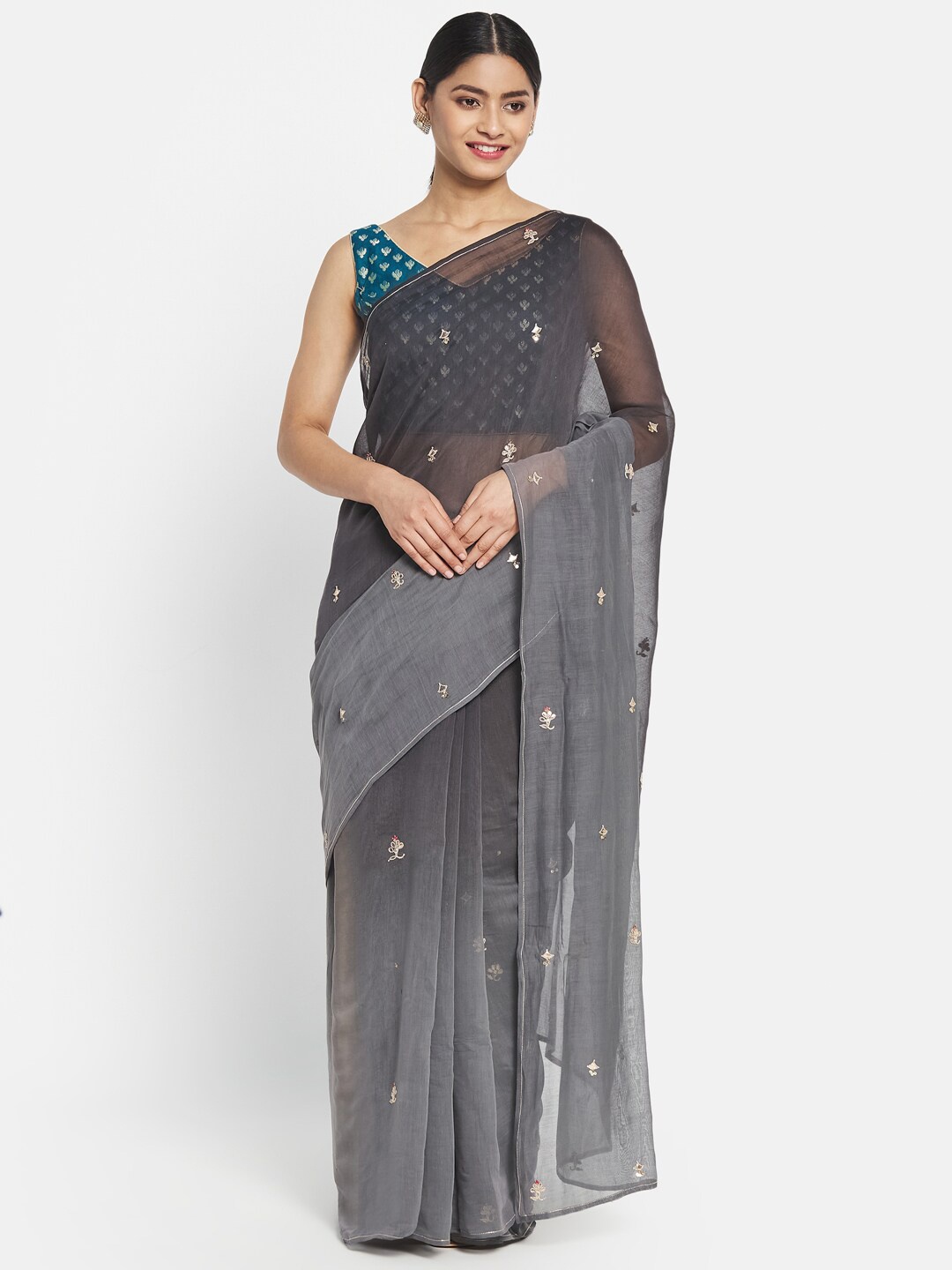 

Fabindia Grey & Gold-Toned Floral Embroidered Silk Cotton Saree