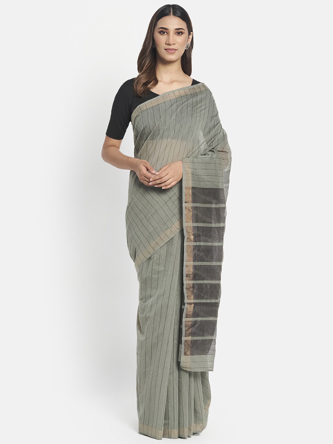 

Fabindia Women Grey & Gold-Toned Striped Silk Cotton Saree