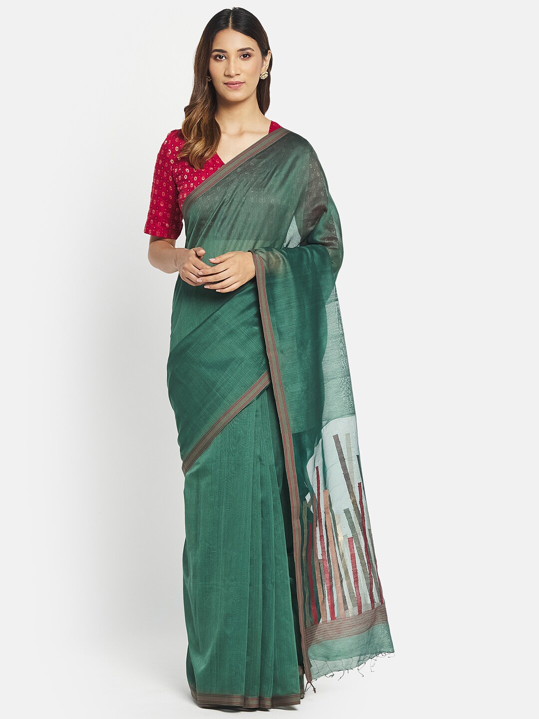 

Fabindia Green & Red Woven Design Silk Cotton Jamdani Saree
