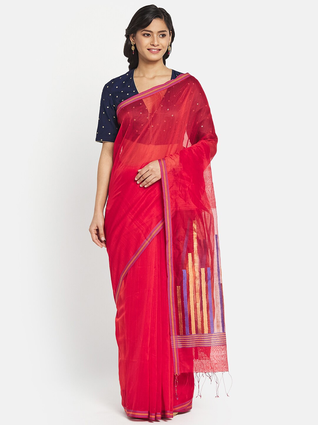 

Fabindia Red & Blue Woven Design Silk Cotton Jamdani Saree