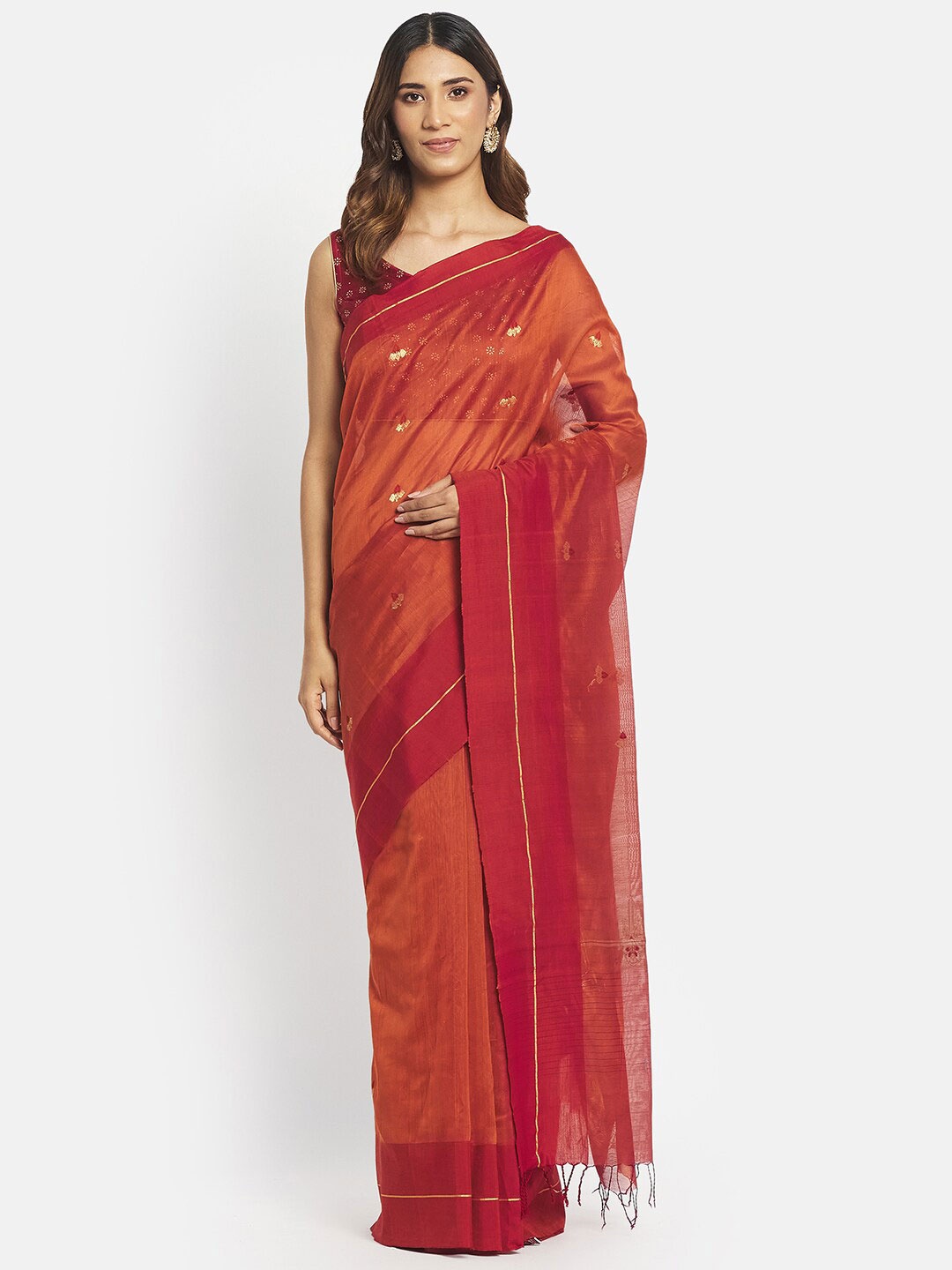 

Fabindia Rust & Gold Woven Design Zari Chanderi Silk Cotton Saree