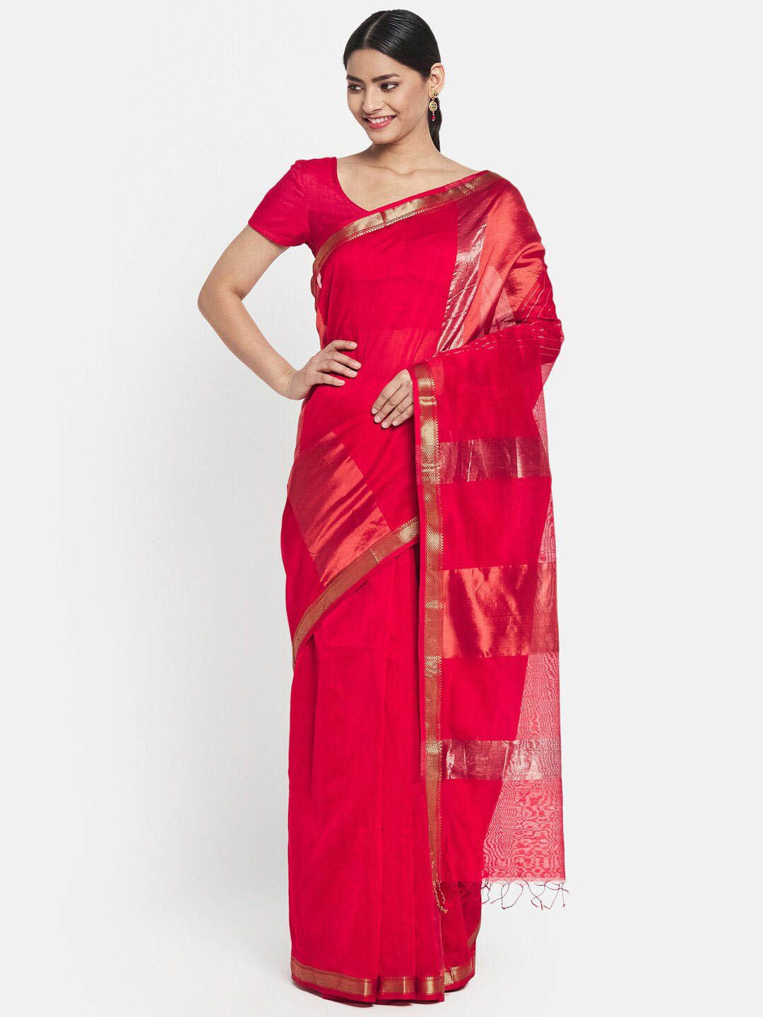 

Fabindia Red & Gold Striped Zari Silk Cotton Maheshwari Saree