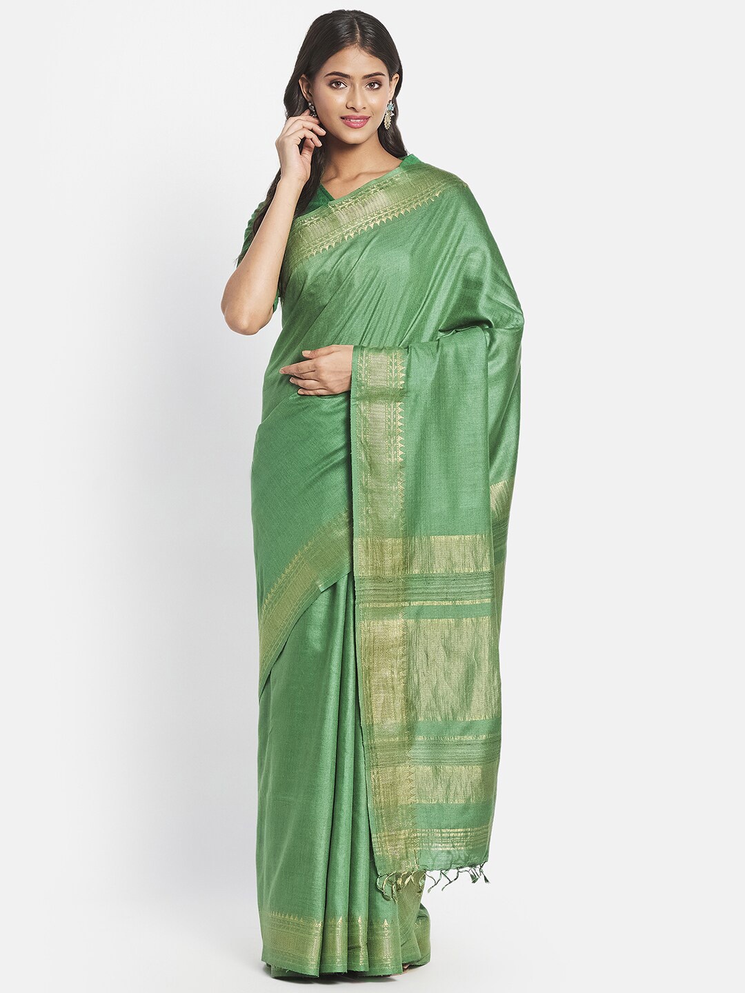 

Fabindia Green & Gold Woven Design Zari Pure Silk Saree