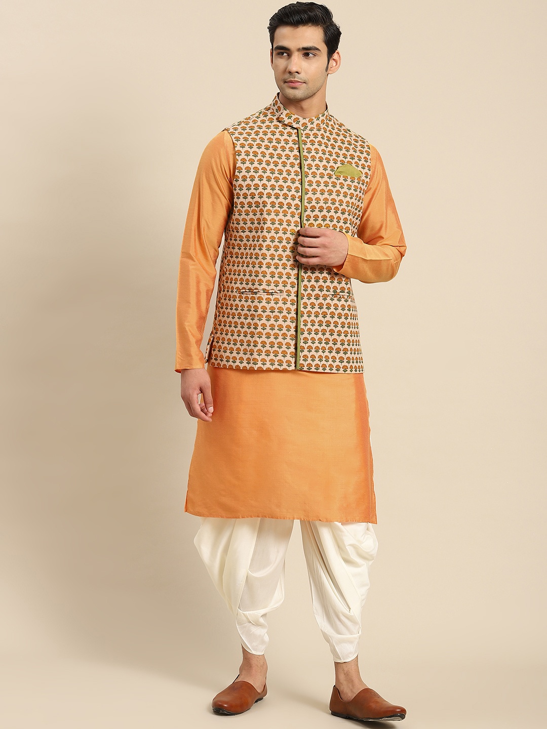 

KISAH Men Orange Kurta with Dhoti Pants & Nehru Jacket