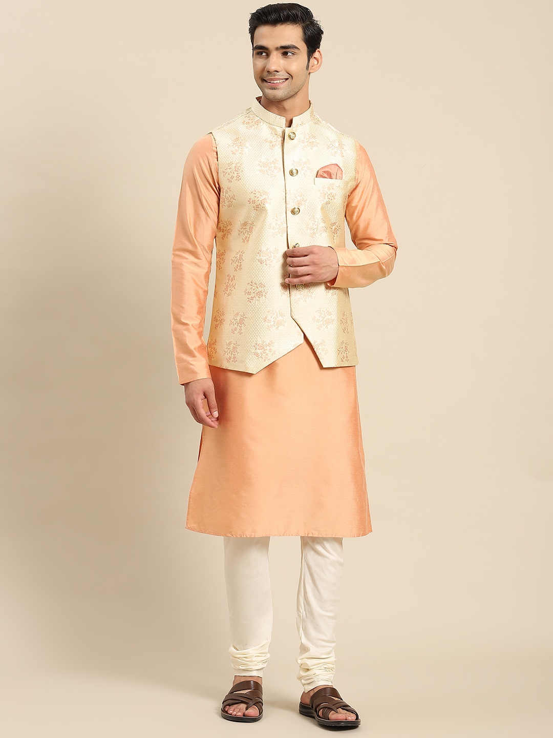 

KISAH Men Peach-Coloured Kurta with Churidar & Nehru Jacket