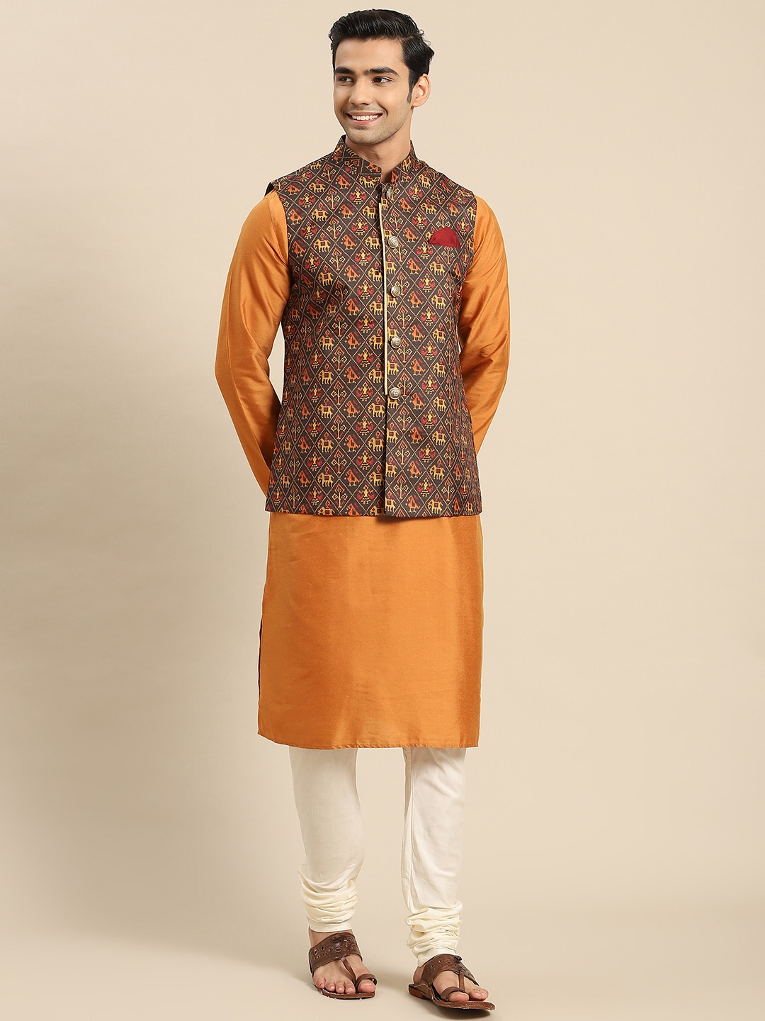 

KISAH Men Rust Kurta with Churidar & Nehru Jacket