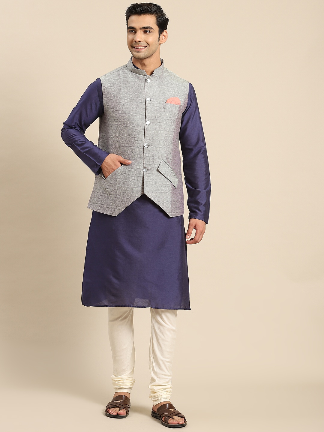 

KISAH Men Navy Blue Kurta with Churidar & Nehru Jacket