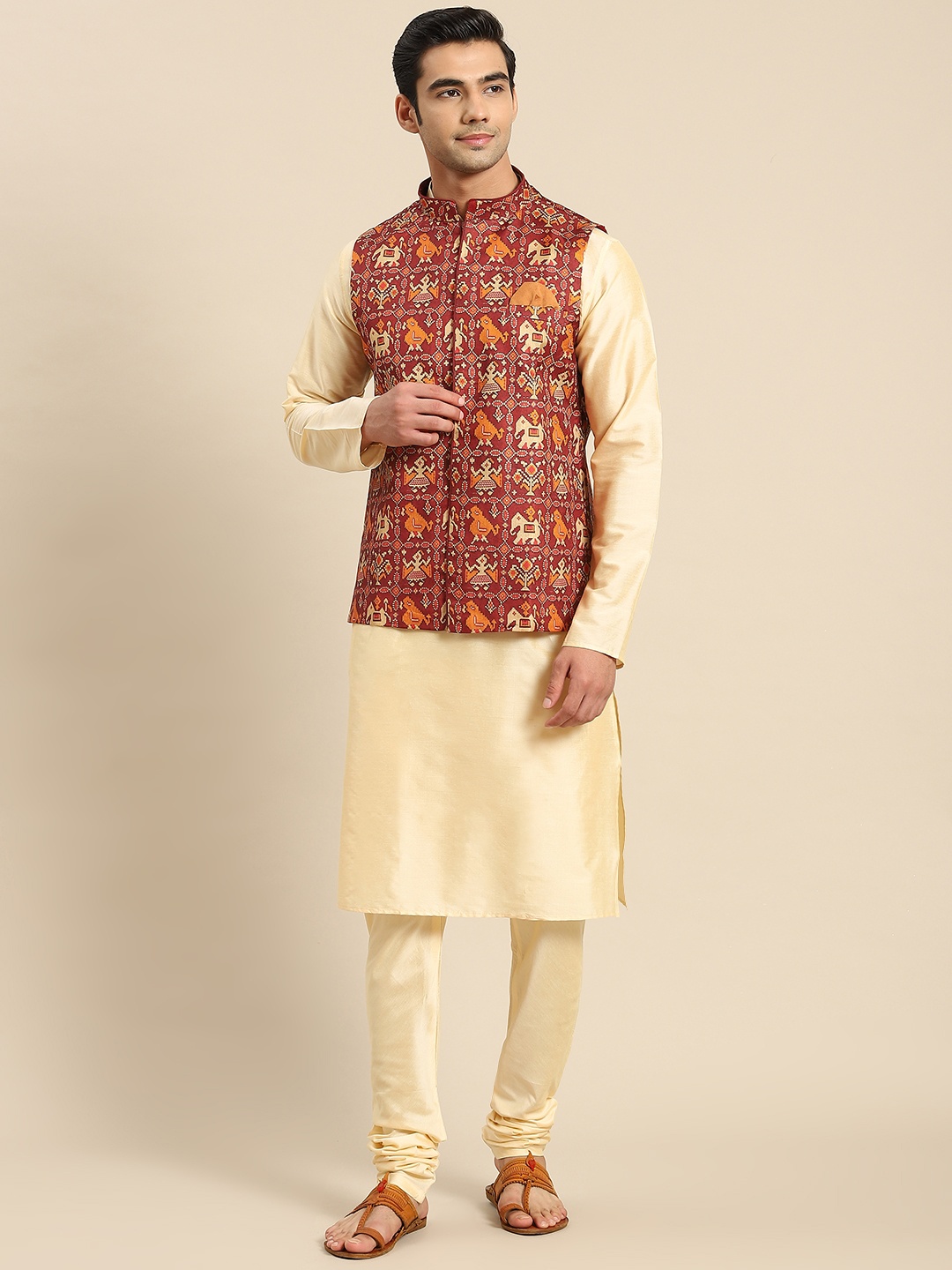 

KISAH Men Beige Kurta with Churidar & Nehru Jacket