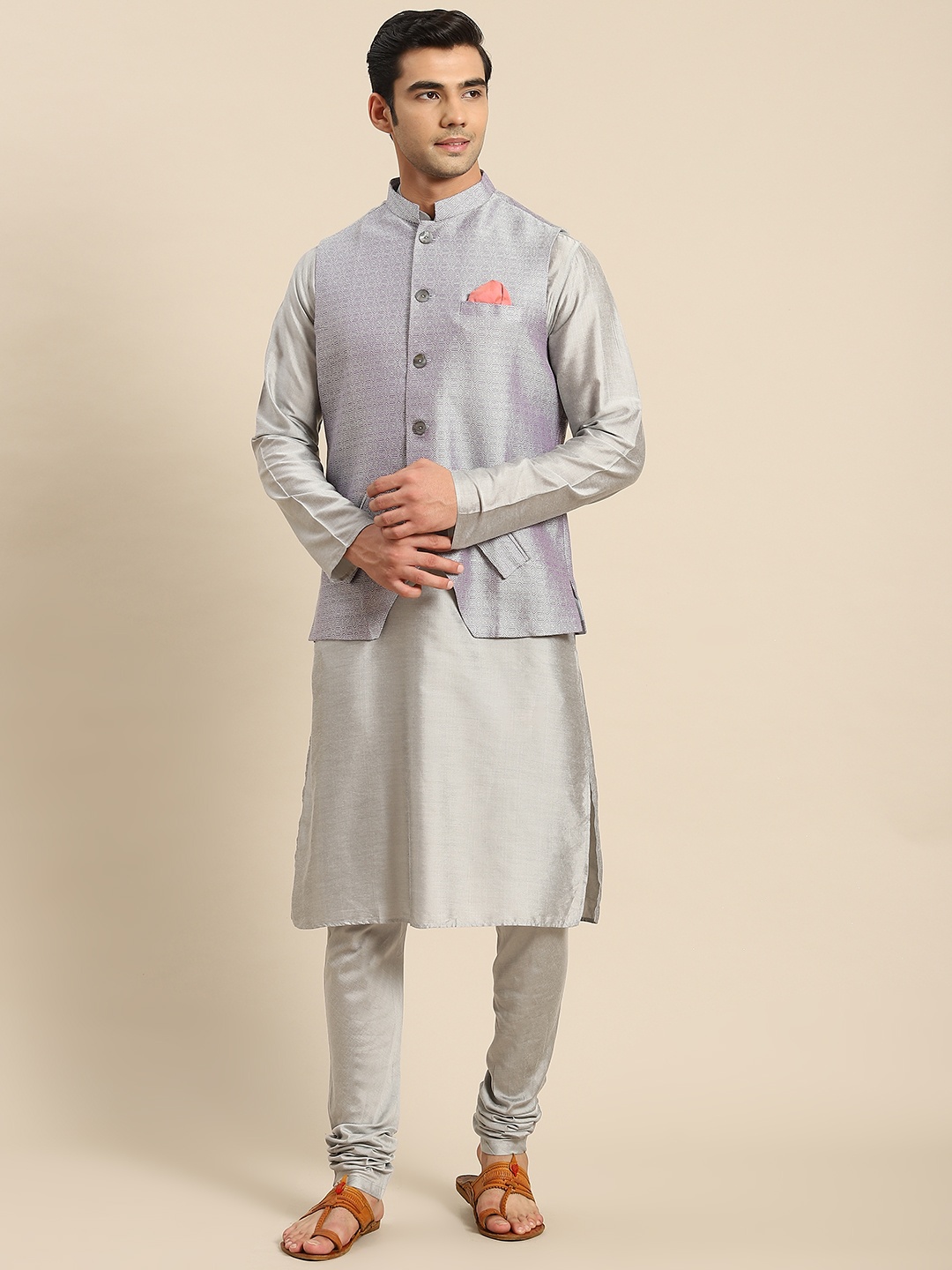 

KISAH Men Grey Kurta with Churidar & Nehru Jacket