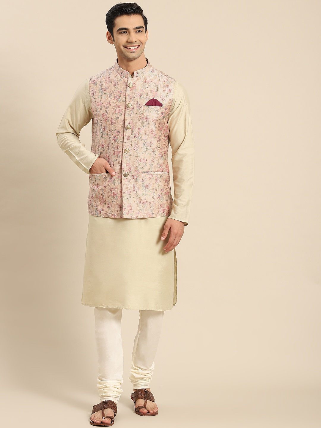 

KISAH Men Beige Kurta with Churidar & Nehru Jacket