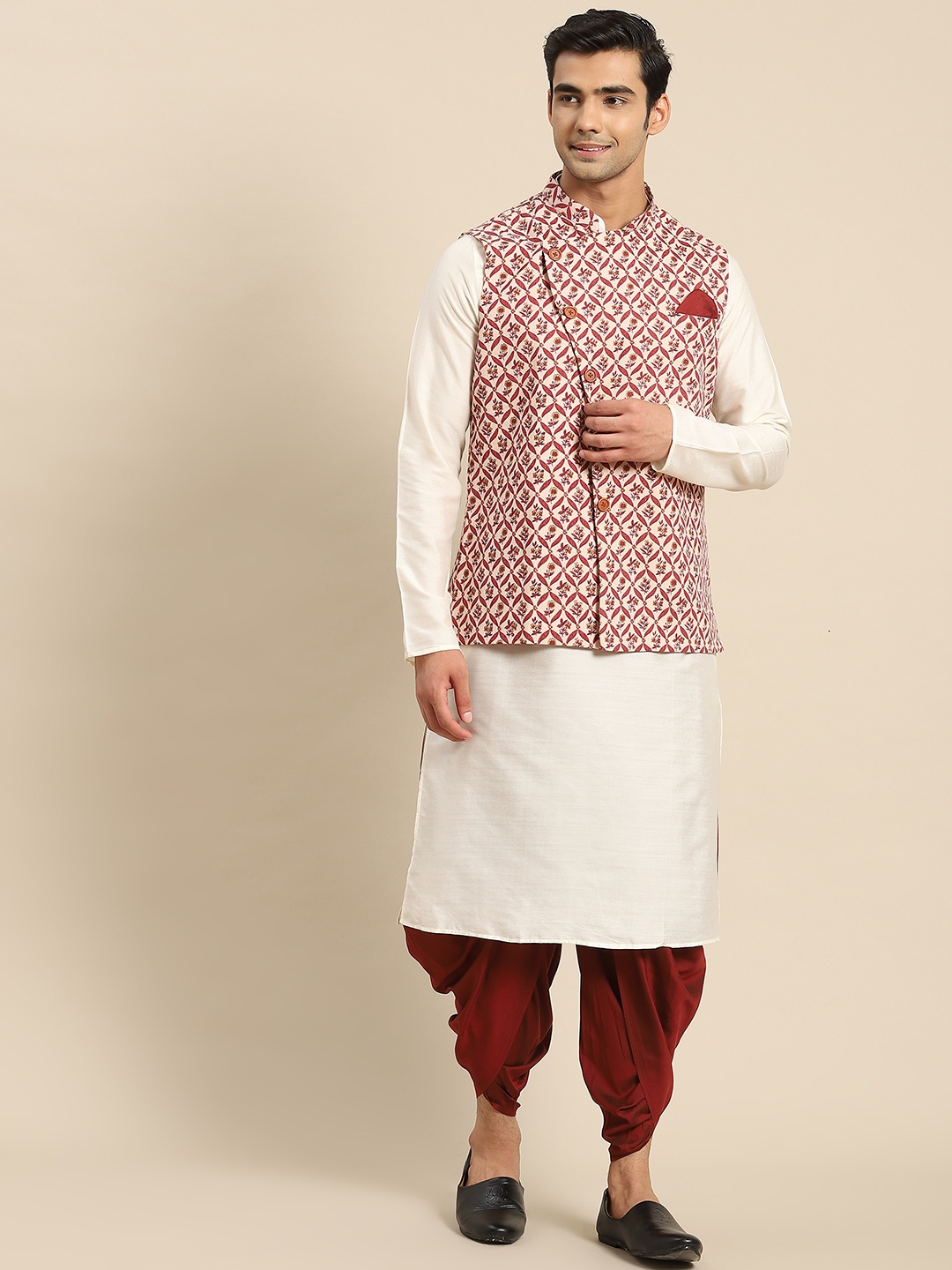 

KISAH Men White Kurta with Dhoti Pants & Nehru Jacket