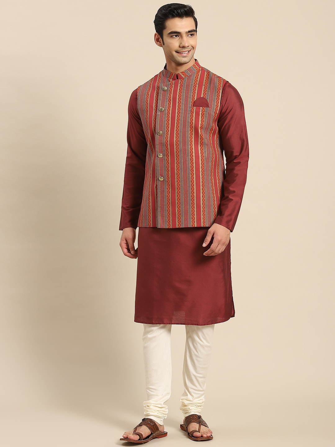 

KISAH Men Maroon Kurta with Churidar & Nehru Jacket