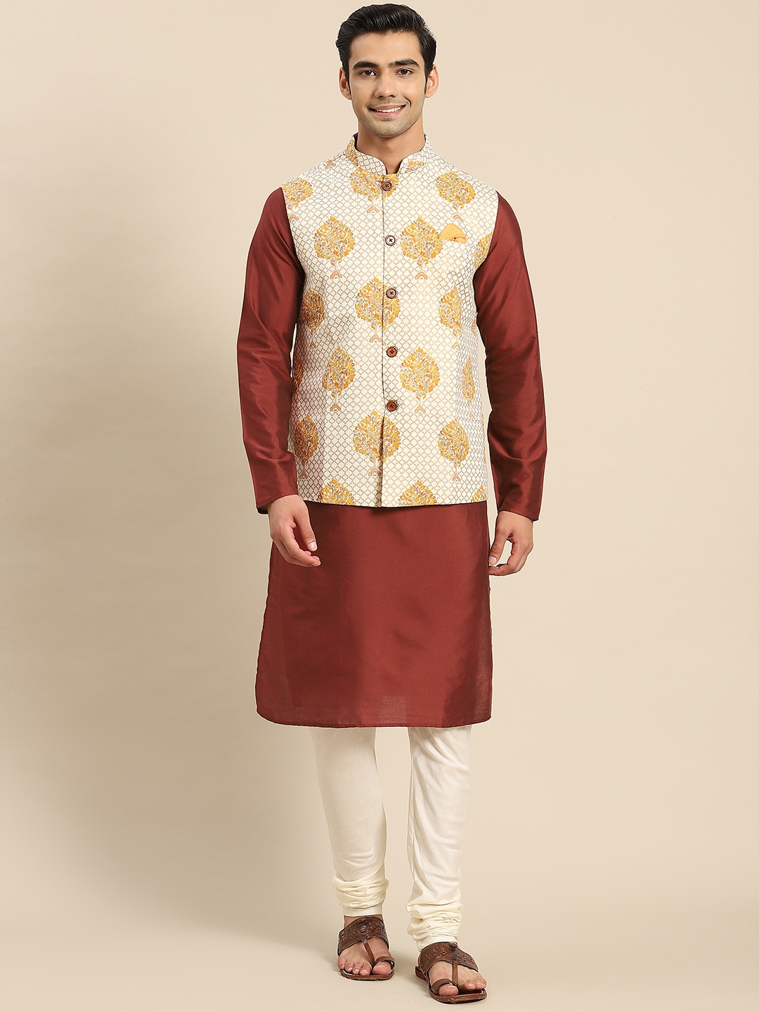 

KISAH Men Maroon Kurta with Churidar & Nehru Jacket