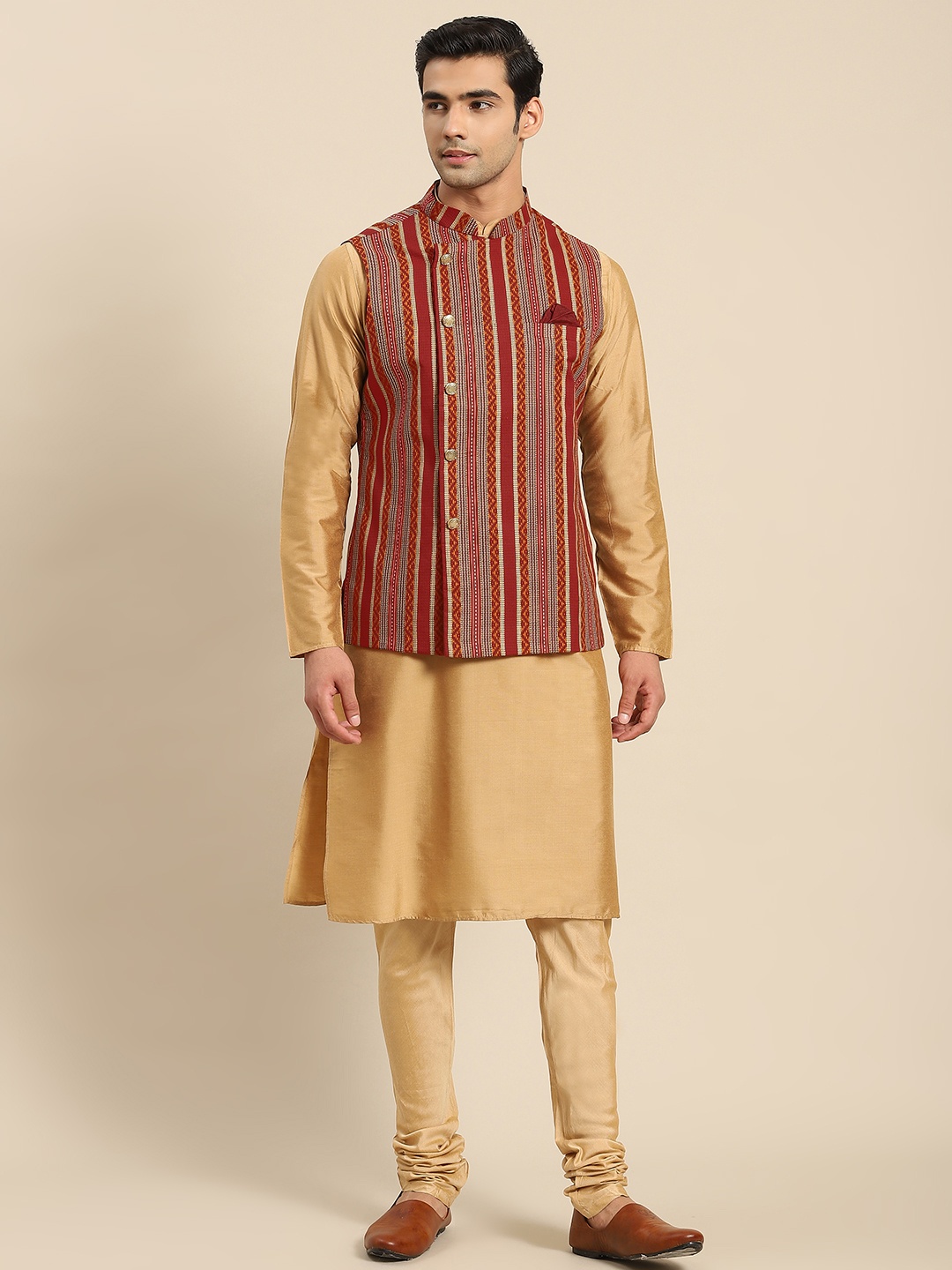 

KISAH Men Beige Kurta with Churidar & Nehru Jacket