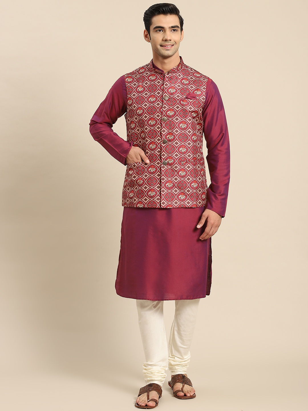 

KISAH Men Maroon Kurta with Churidar & Nehru Jacket Set