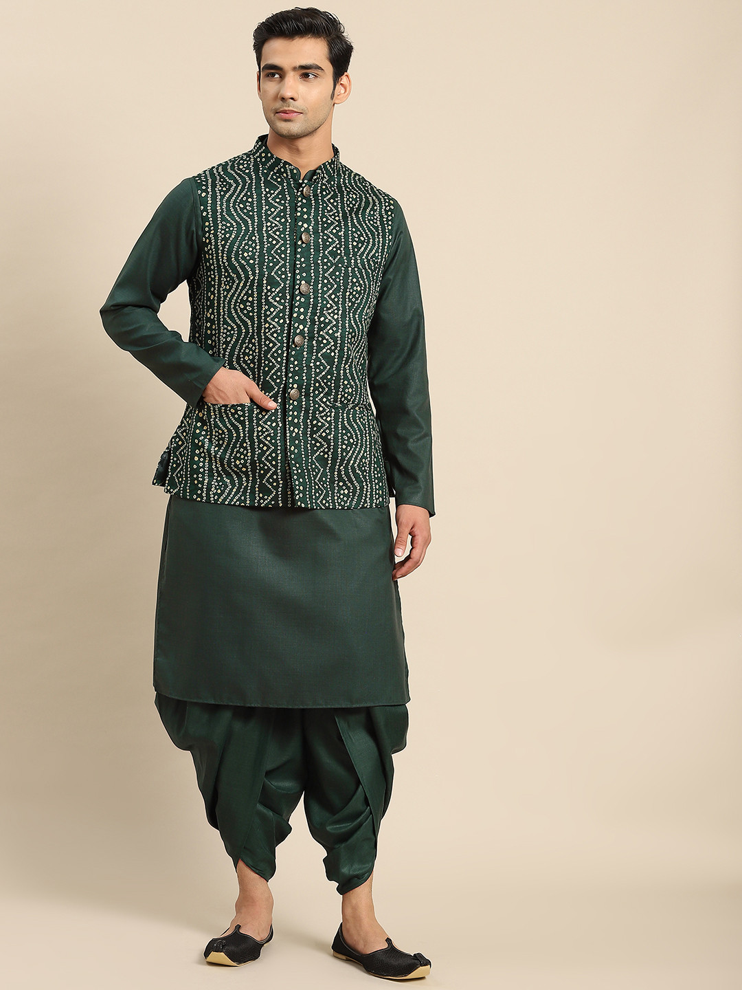 

KISAH Men Green Kurta with Dhoti Pants & Nehru Jacket